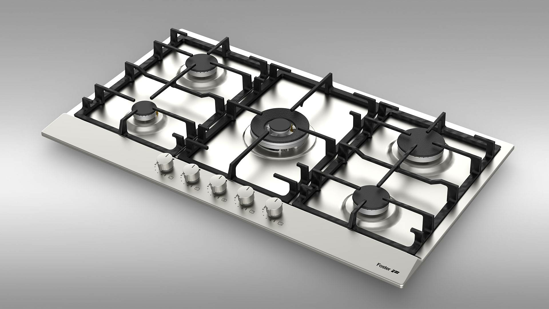 Płyta gazowa ze stali nierdzewnej z pięcioma palnikami i pokrętłami sterowania. Błyszcząca srebrna powierzchnia.