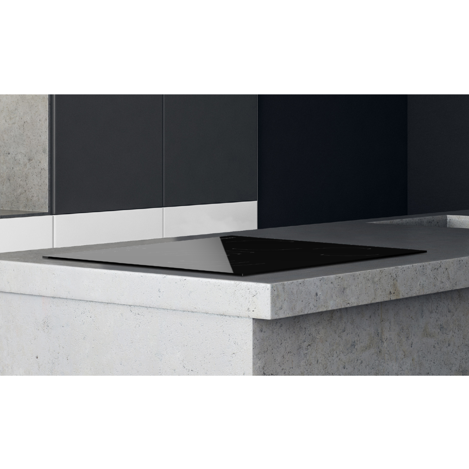 Una elegante placa de cocina negra integrada en una encimera gris claro, con un fondo oscuro. Diseño de cocina moderno.