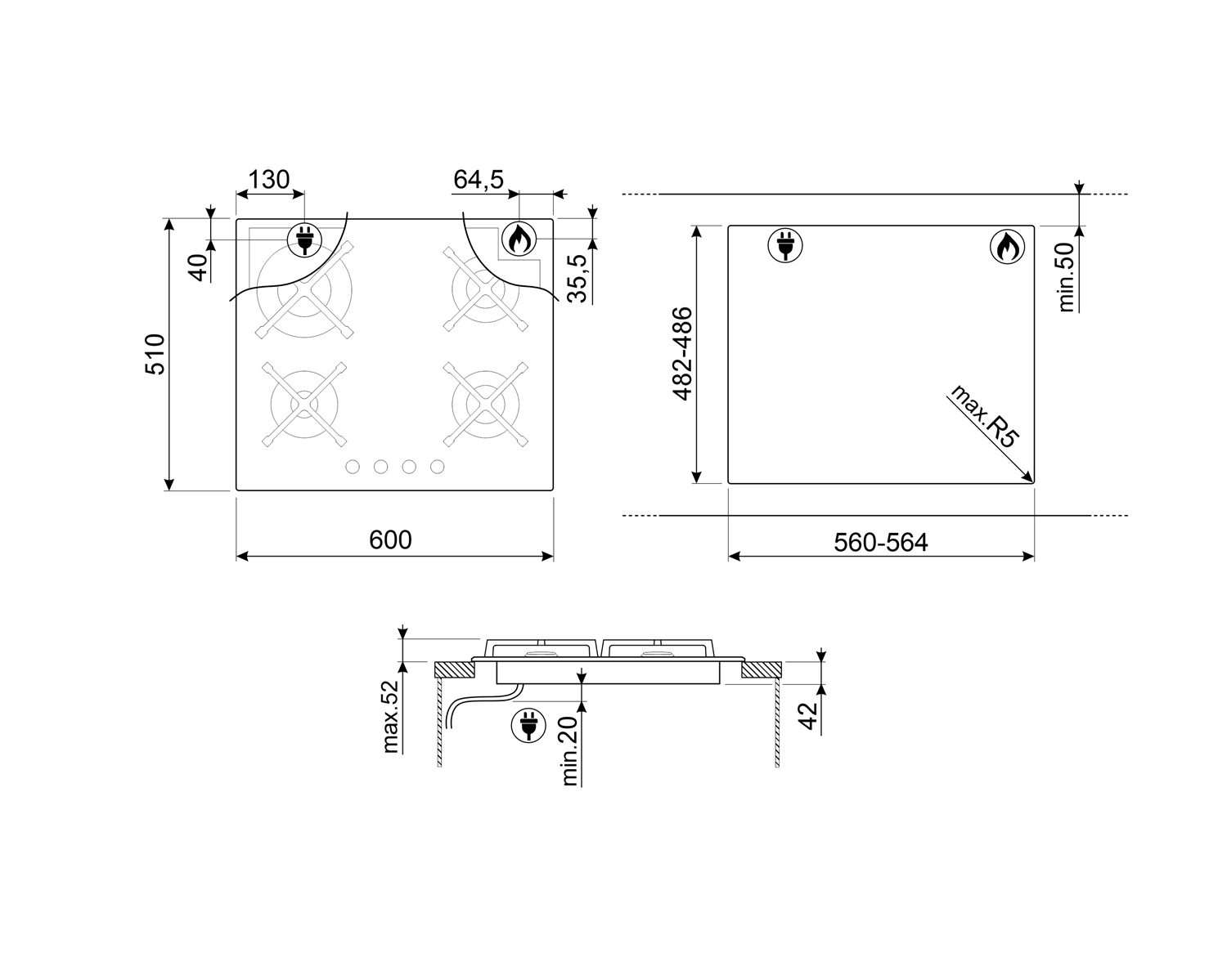 Pantalla de placa de inducción negra con números digitales rojos y controles táctiles. Marca Smeg induction.