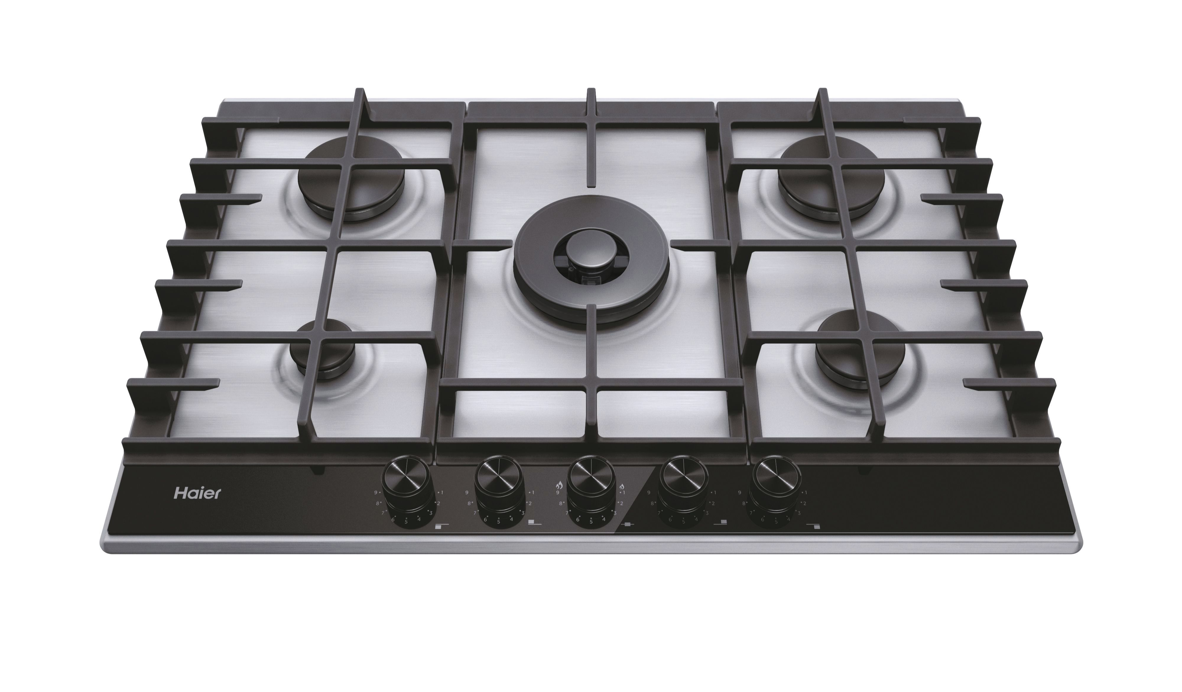 Gazowa kuchenka ze stali nierdzewnej z czterema palnikami i pokrętłami, marka Haier.
