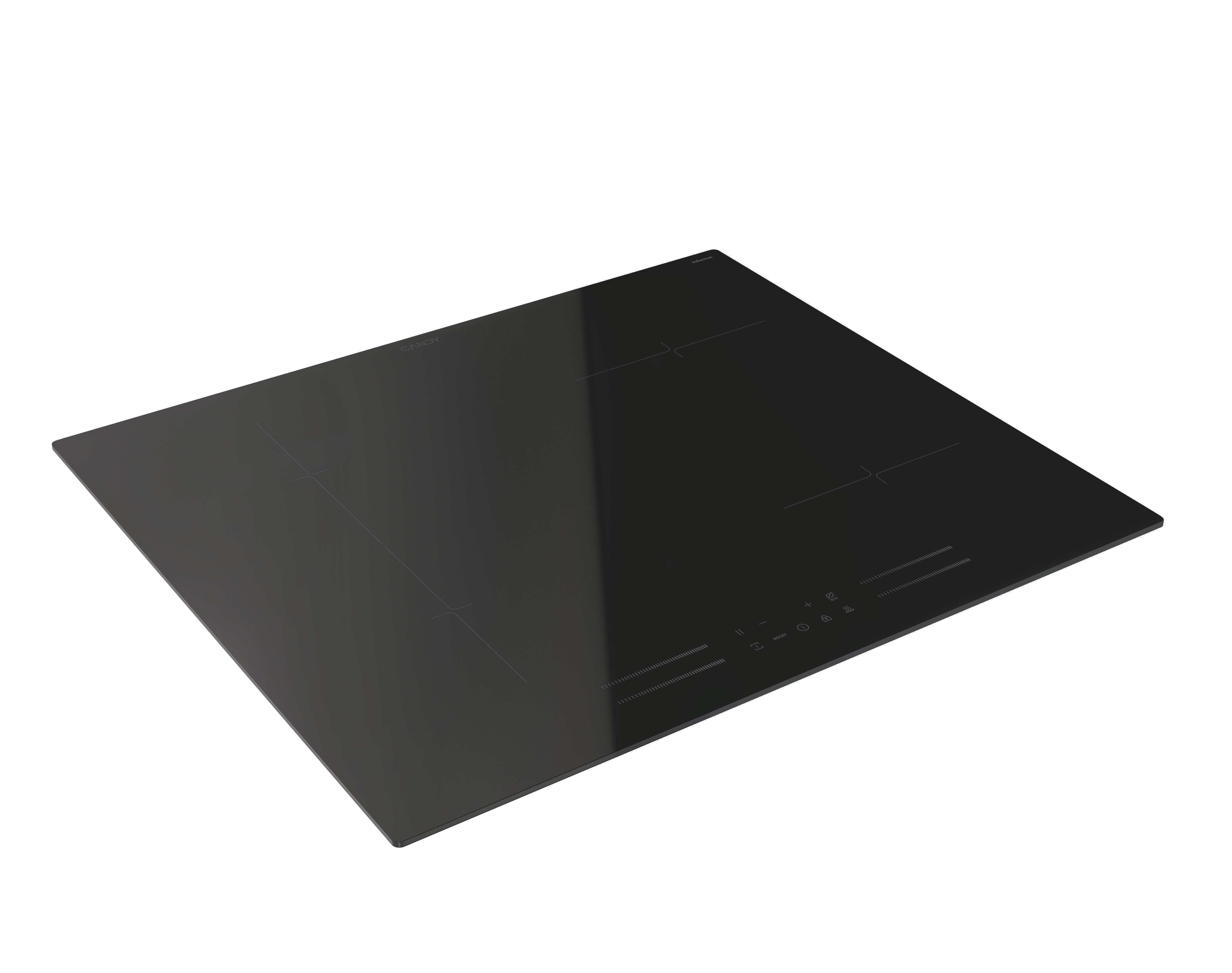 Piano cottura elettrico nero con quattro fuochi. Il piano cottura è mostrato in prospettiva su sfondo bianco.