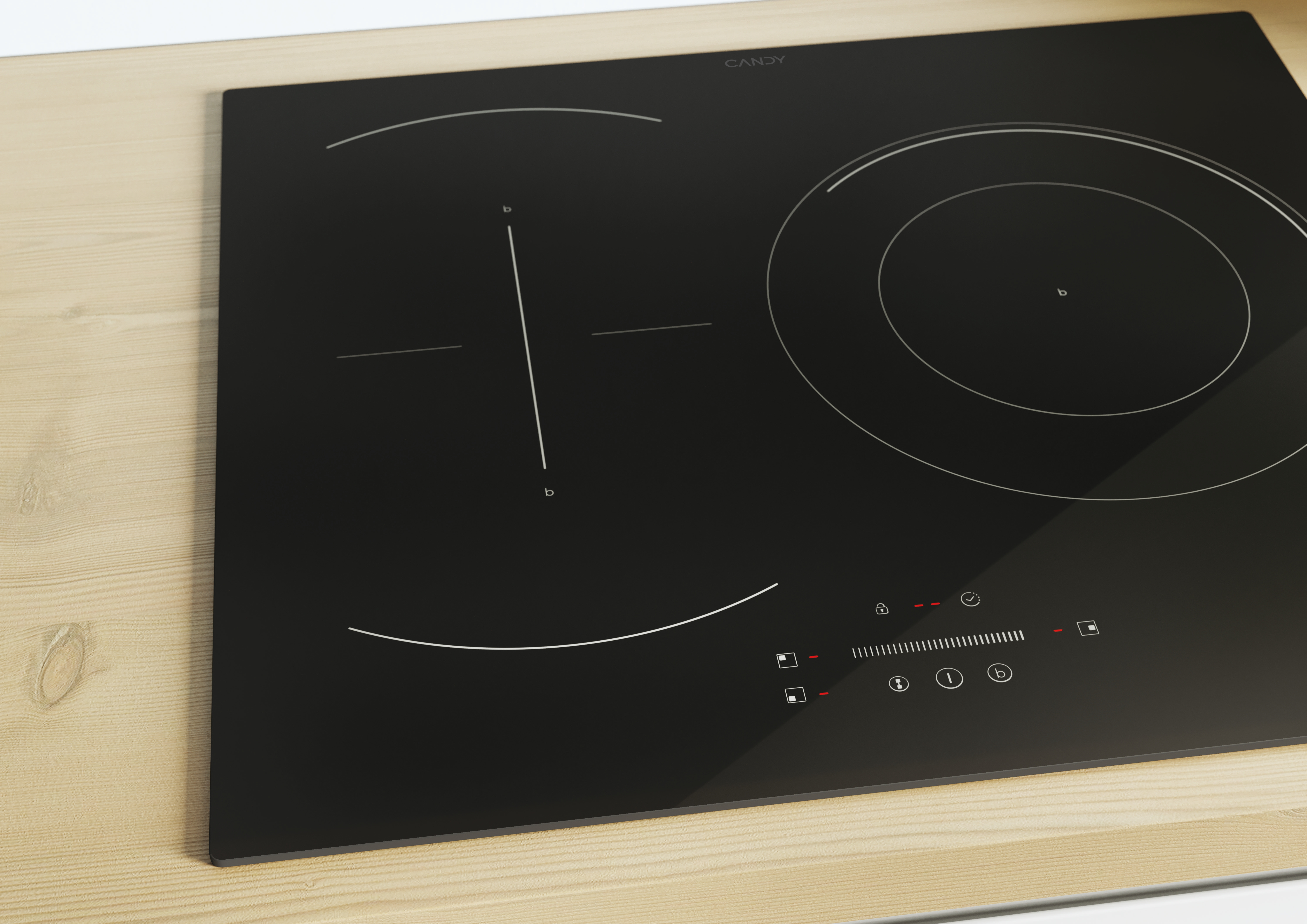 Una vista de cerca de una placa de cocina negra con la marca Candy, sobre una encimera de madera clara.