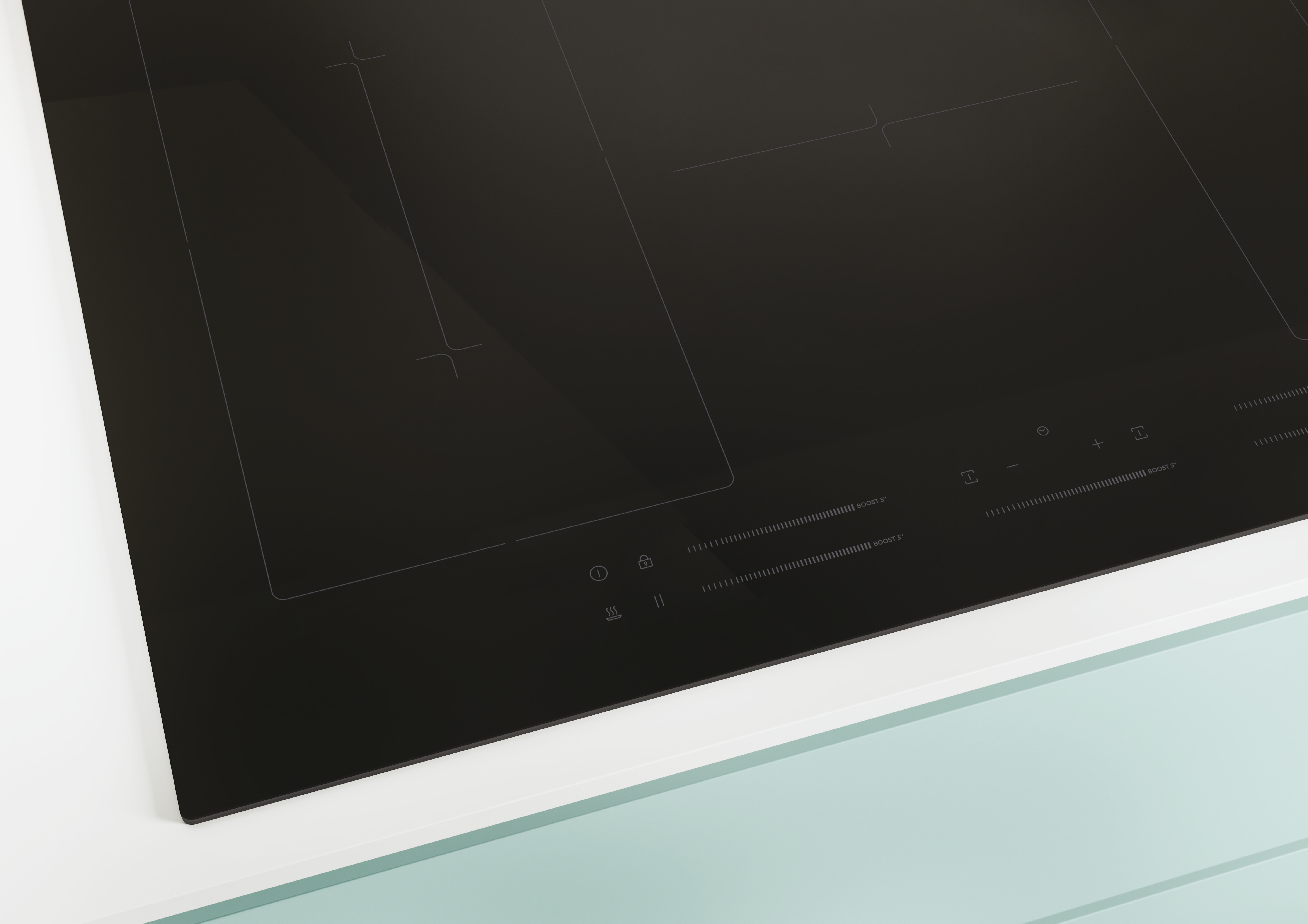 Czarna płyta grzewcza ze szkła z elementami sterowania dotykowego i dwiema strefami gotowania.