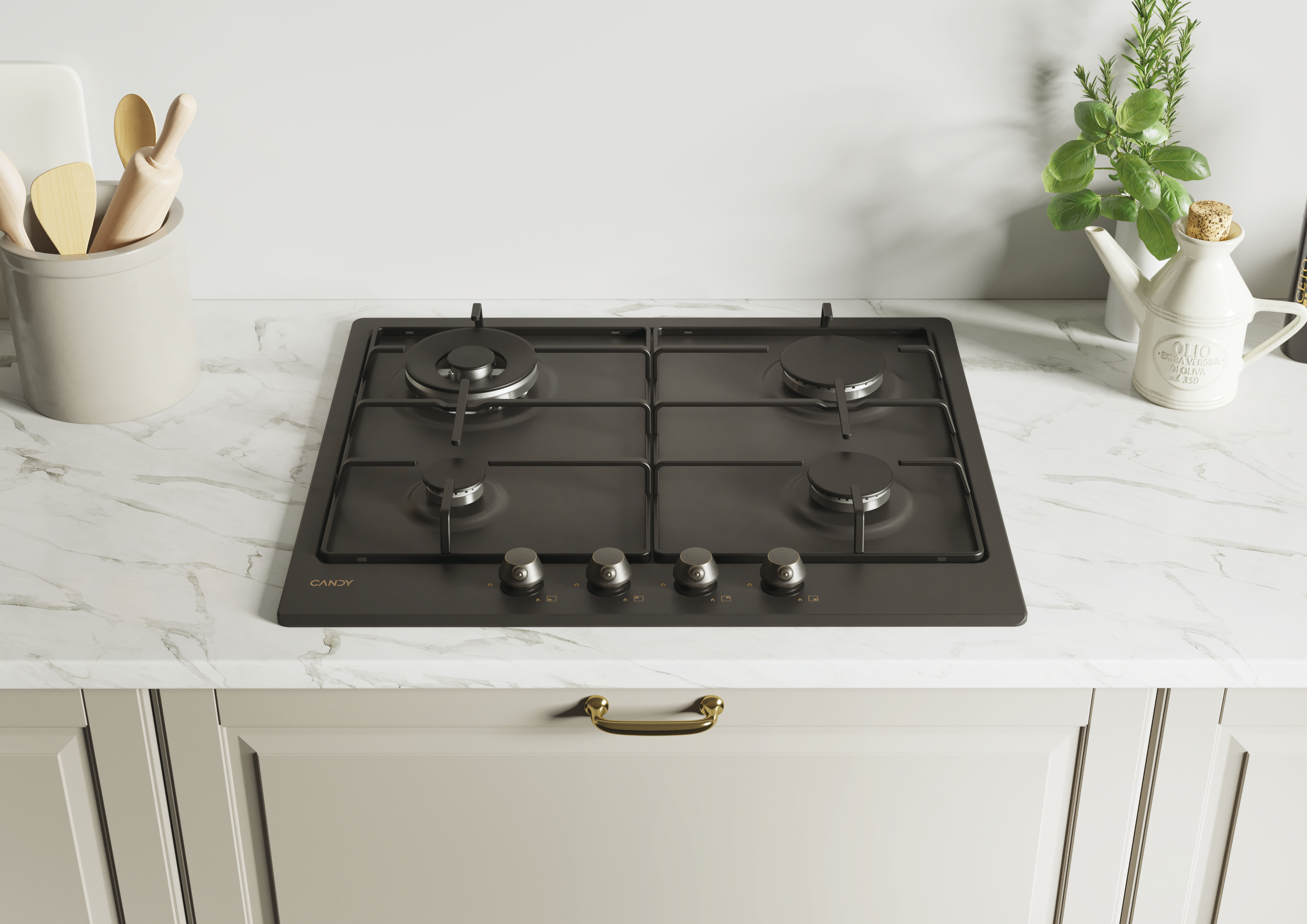 Czarna płyta grzewcza z czterema palnikami, pokrętłami i białym marmurowym blatem.