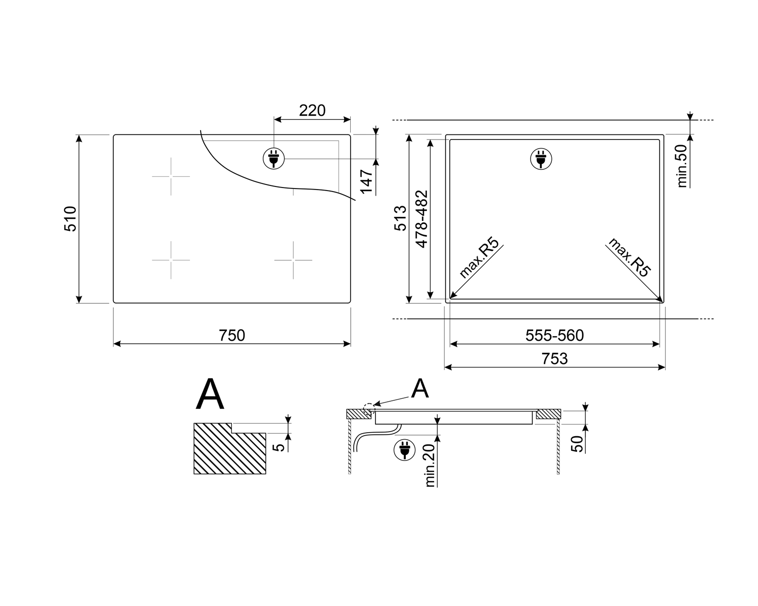 Rysunek techniczny płyty indukcyjnej z wymiarami. Widok z góry i z boku z pomiarami.