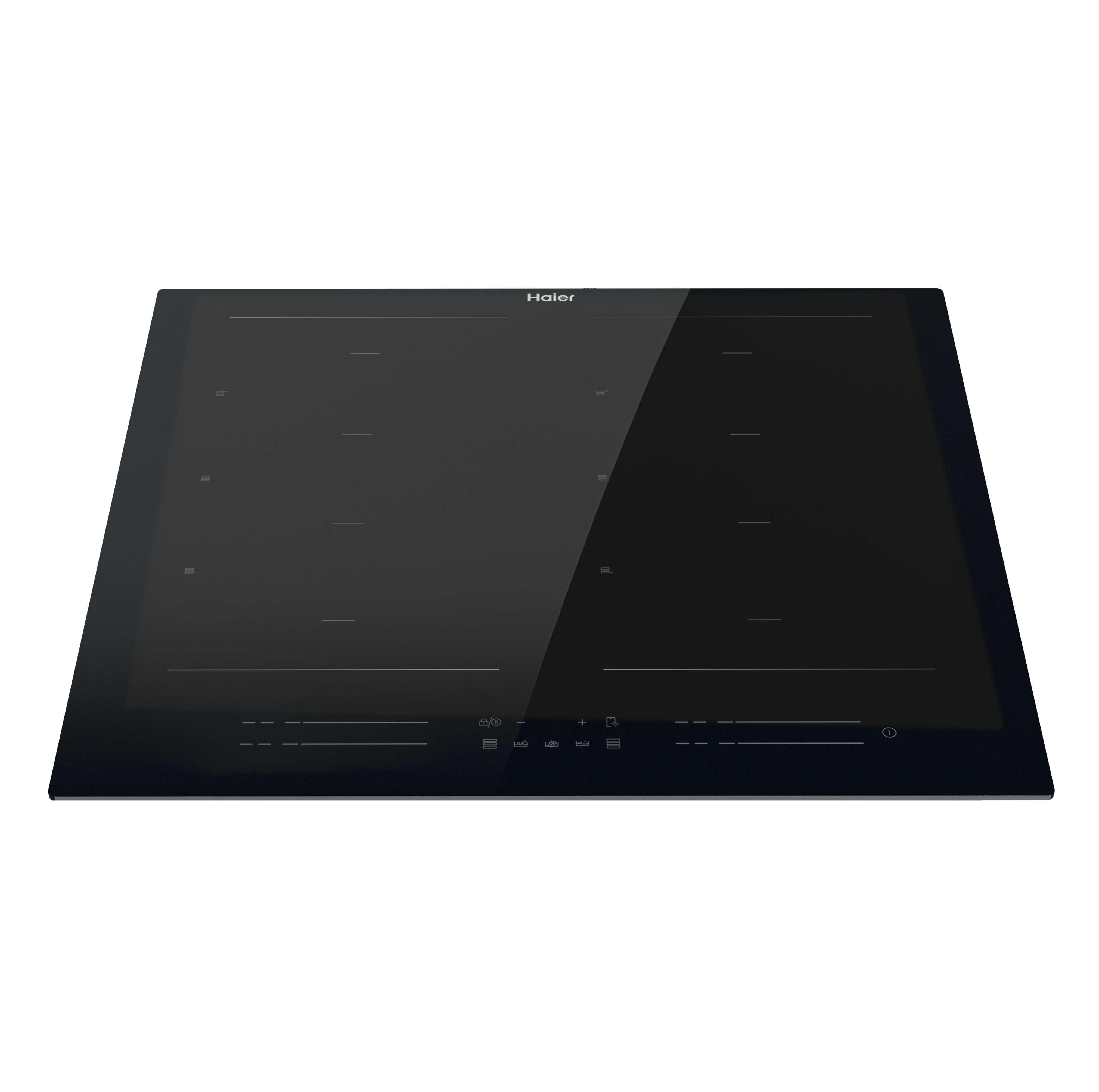 Czarna płyta grzewcza z przyciskami sterowania, na białym tle. Płyta jest ustawiona pod kątem.