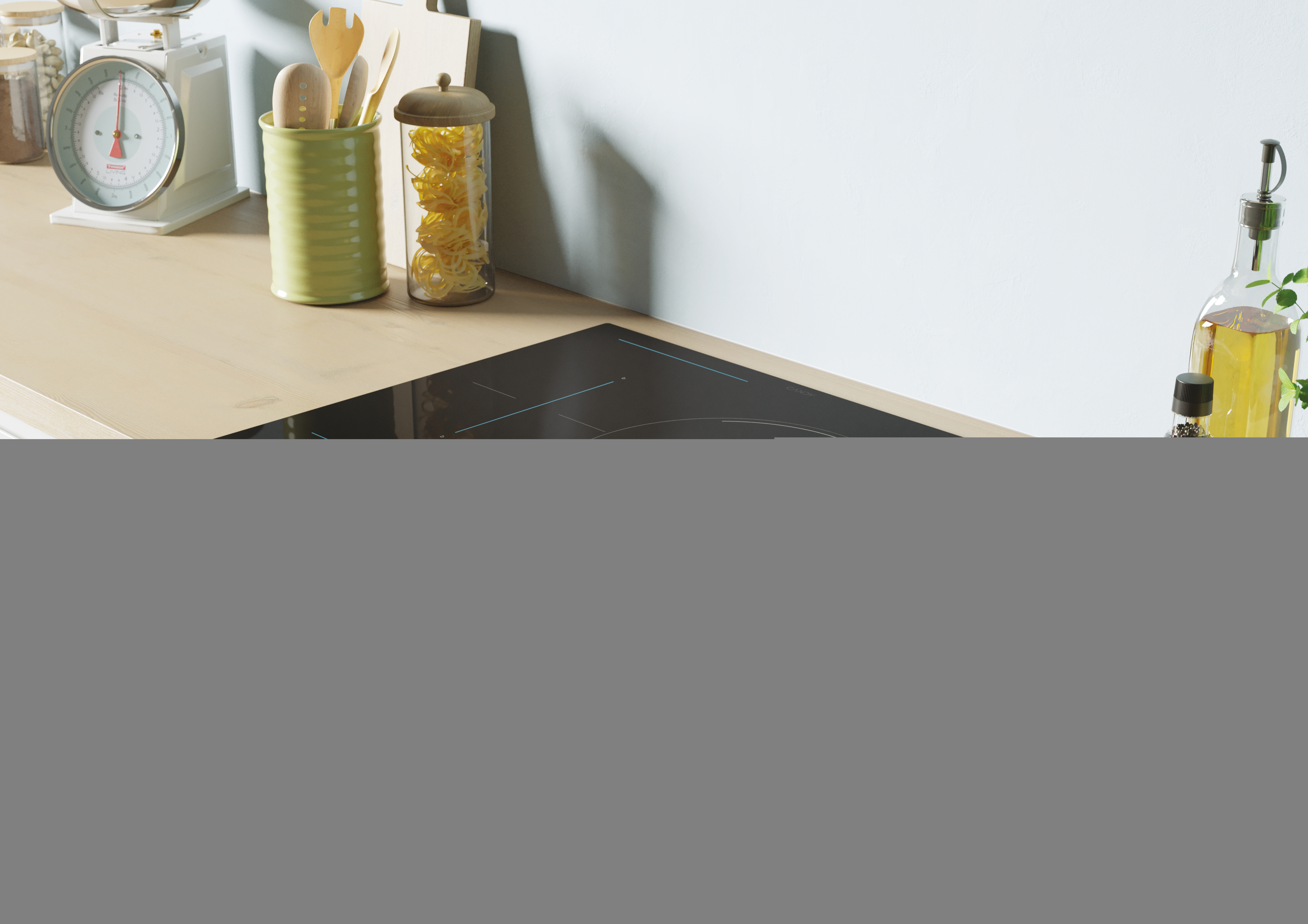 Una placa de cocina con accesorios de cocina, incluyendo frascos, balanza y botellas de aceite, sobre una superficie de madera.
