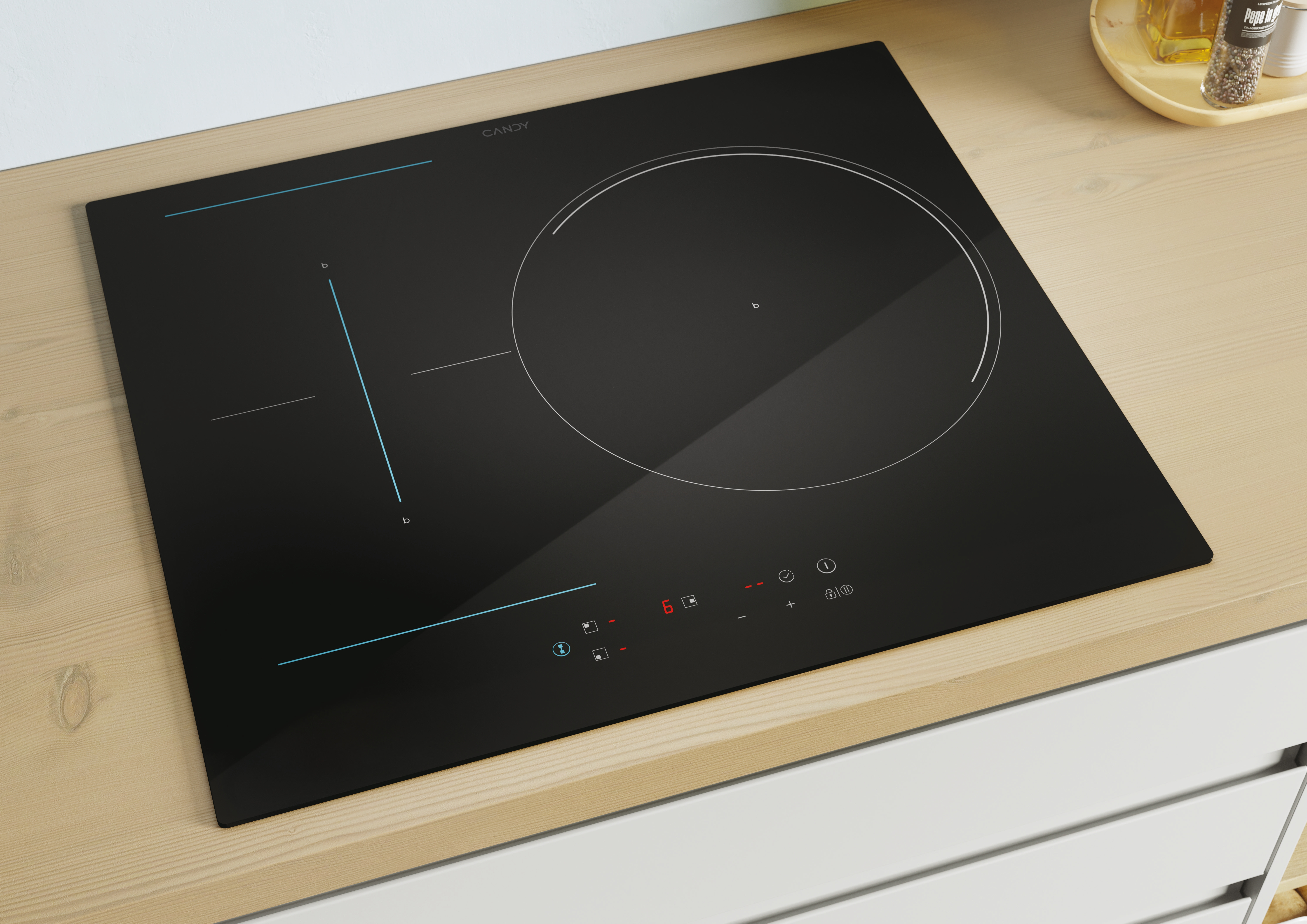 Una placa de cocina eléctrica negra con controles táctiles y una superficie de madera blanca.