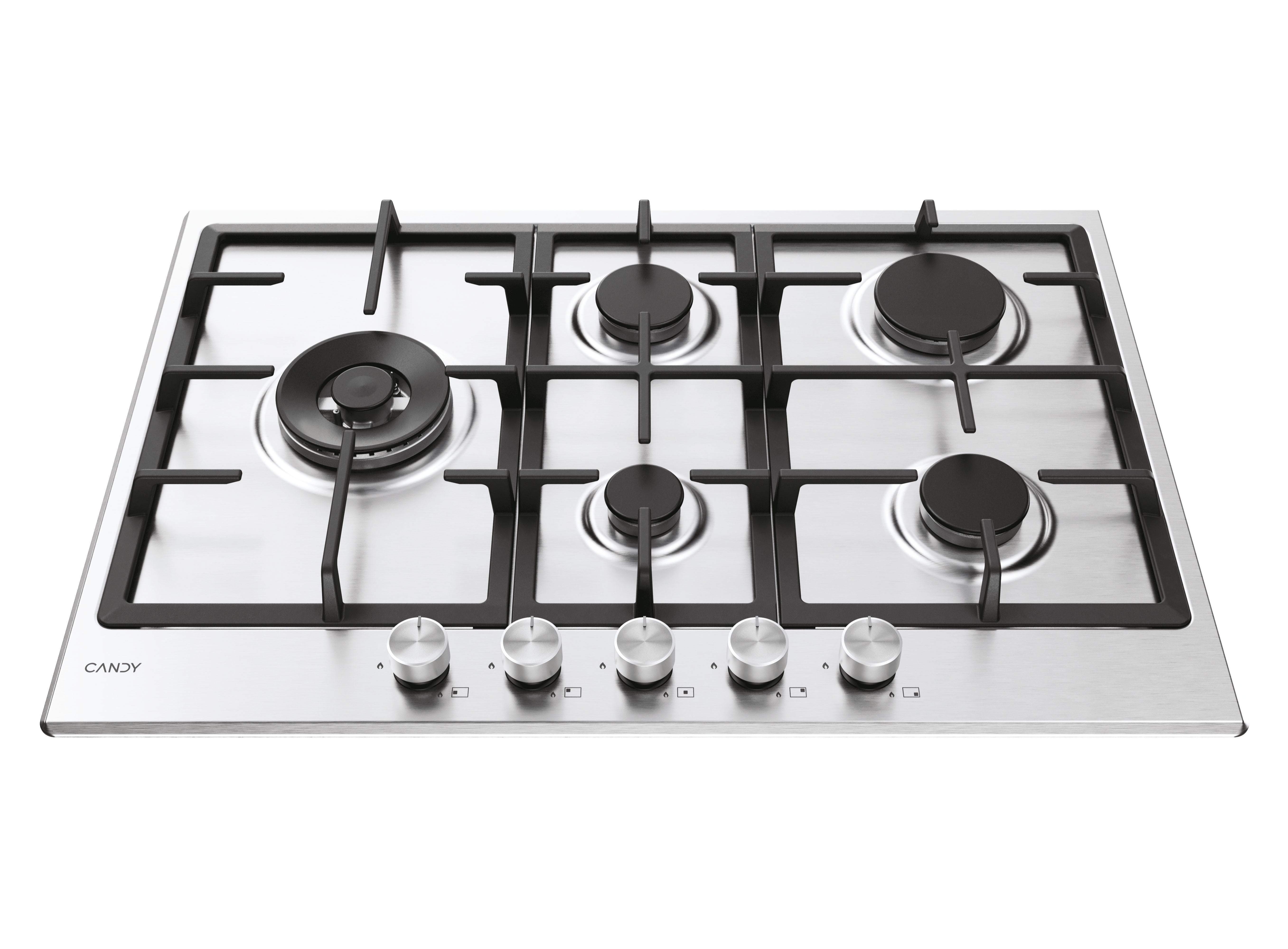 Płyta grzewcza ze stali nierdzewnej z pięcioma palnikami i pokrętłami, marka Candy.