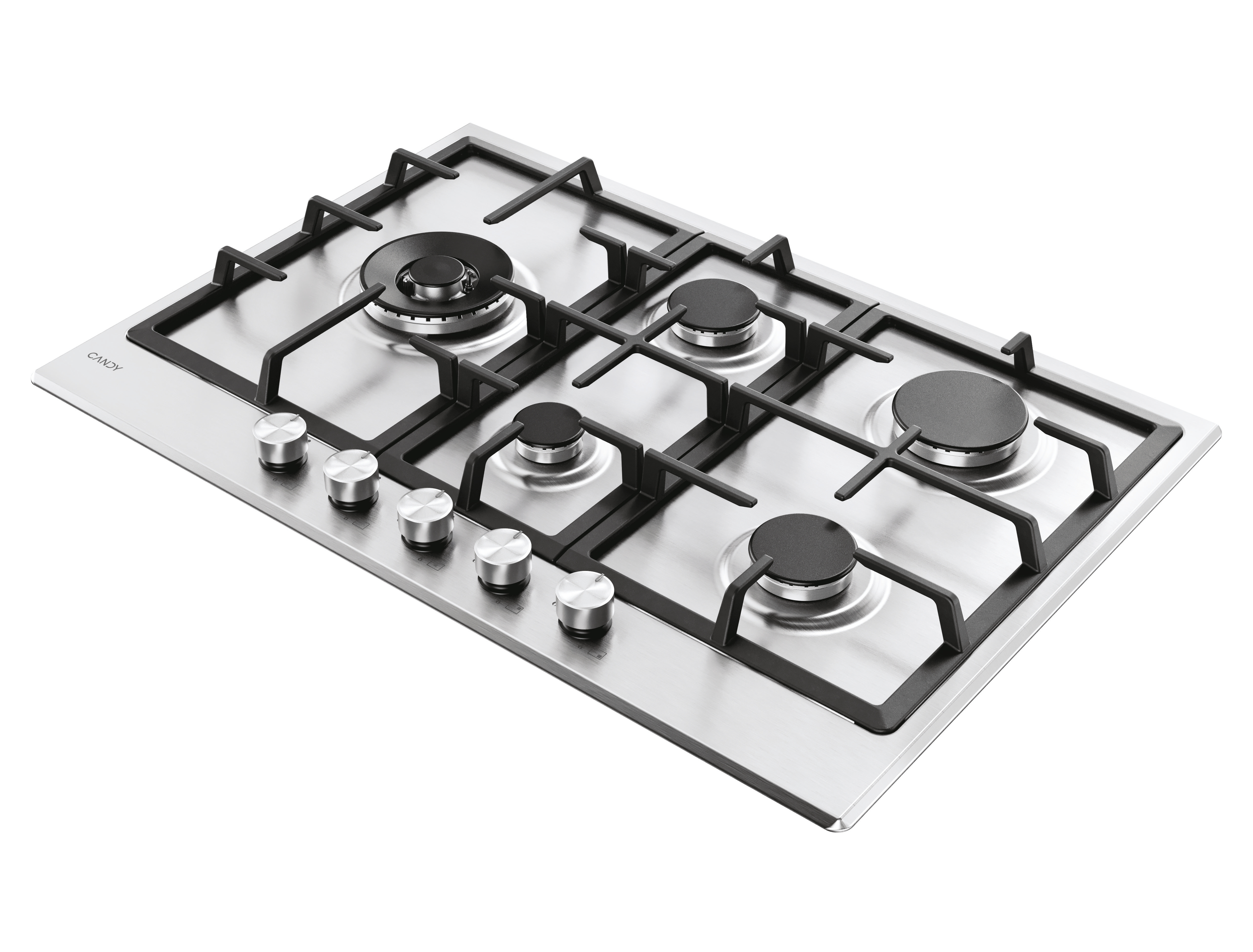 Gazowa płyta kuchenna ze stali nierdzewnej z pięcioma palnikami i pokrętłami, na białym tle.