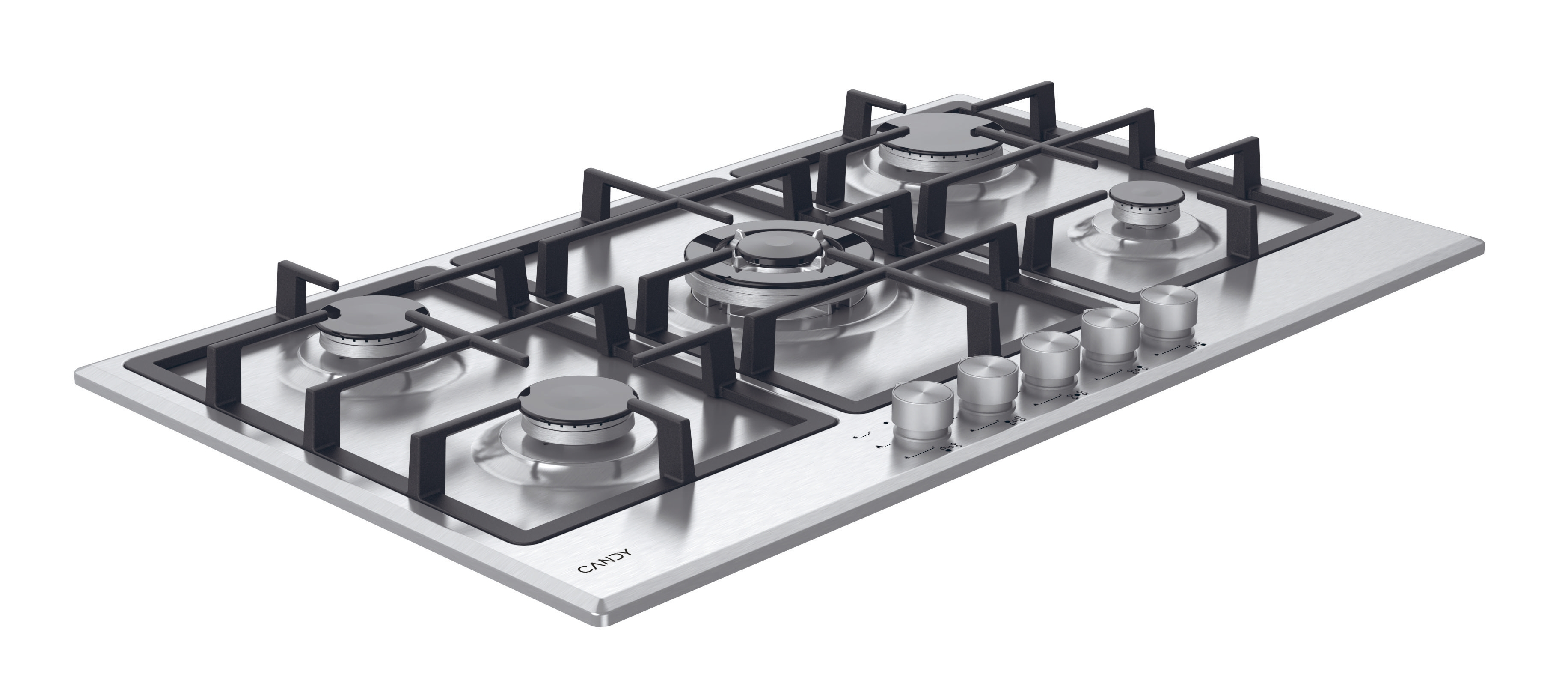 Gazowa płyta ze stali nierdzewnej z pięcioma palnikami i pokrętłami. Widoczne logo Candy.