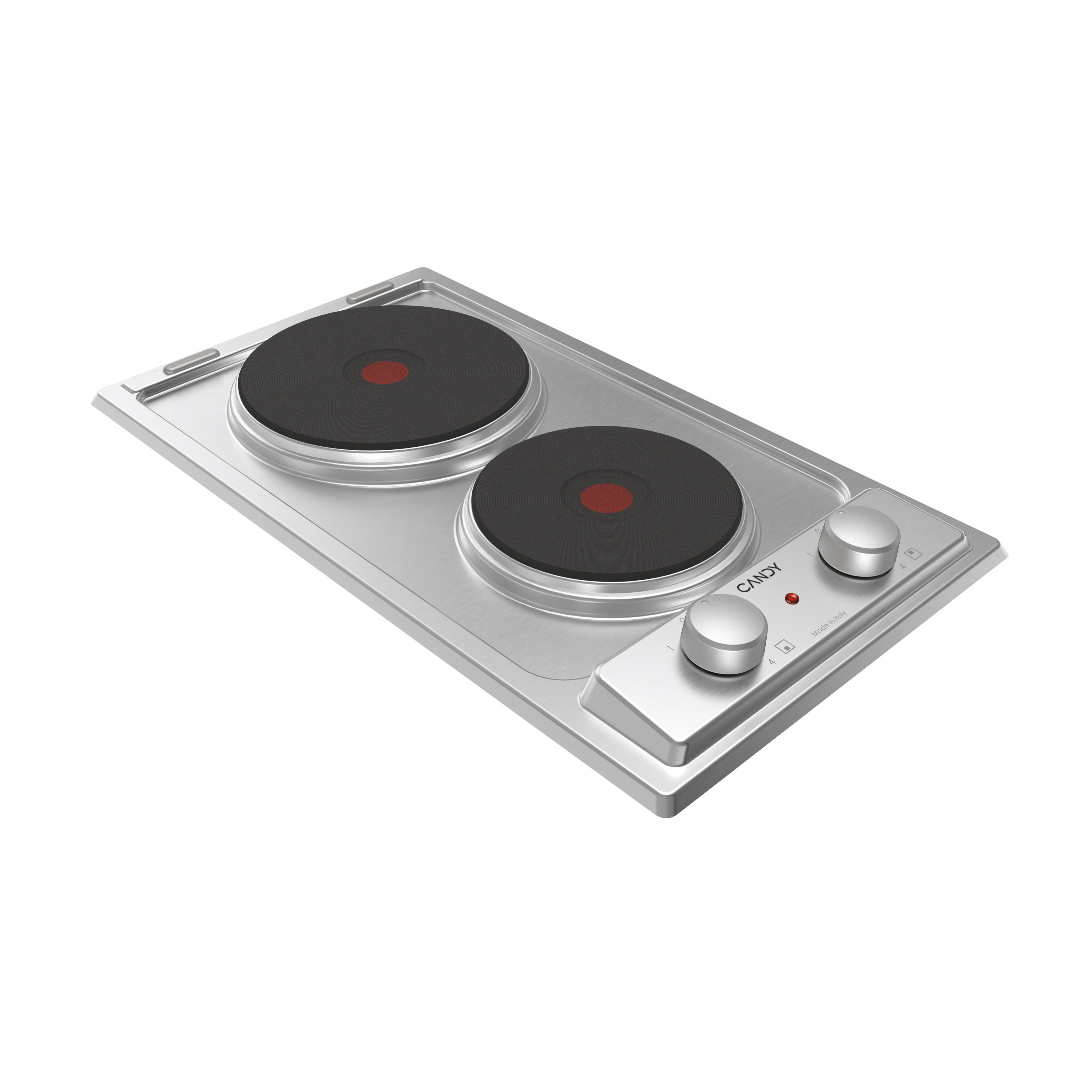 Piano cottura argentato con due fuochi elettrici, anelli rossi e manopole di controllo. Logo Candy visibile.