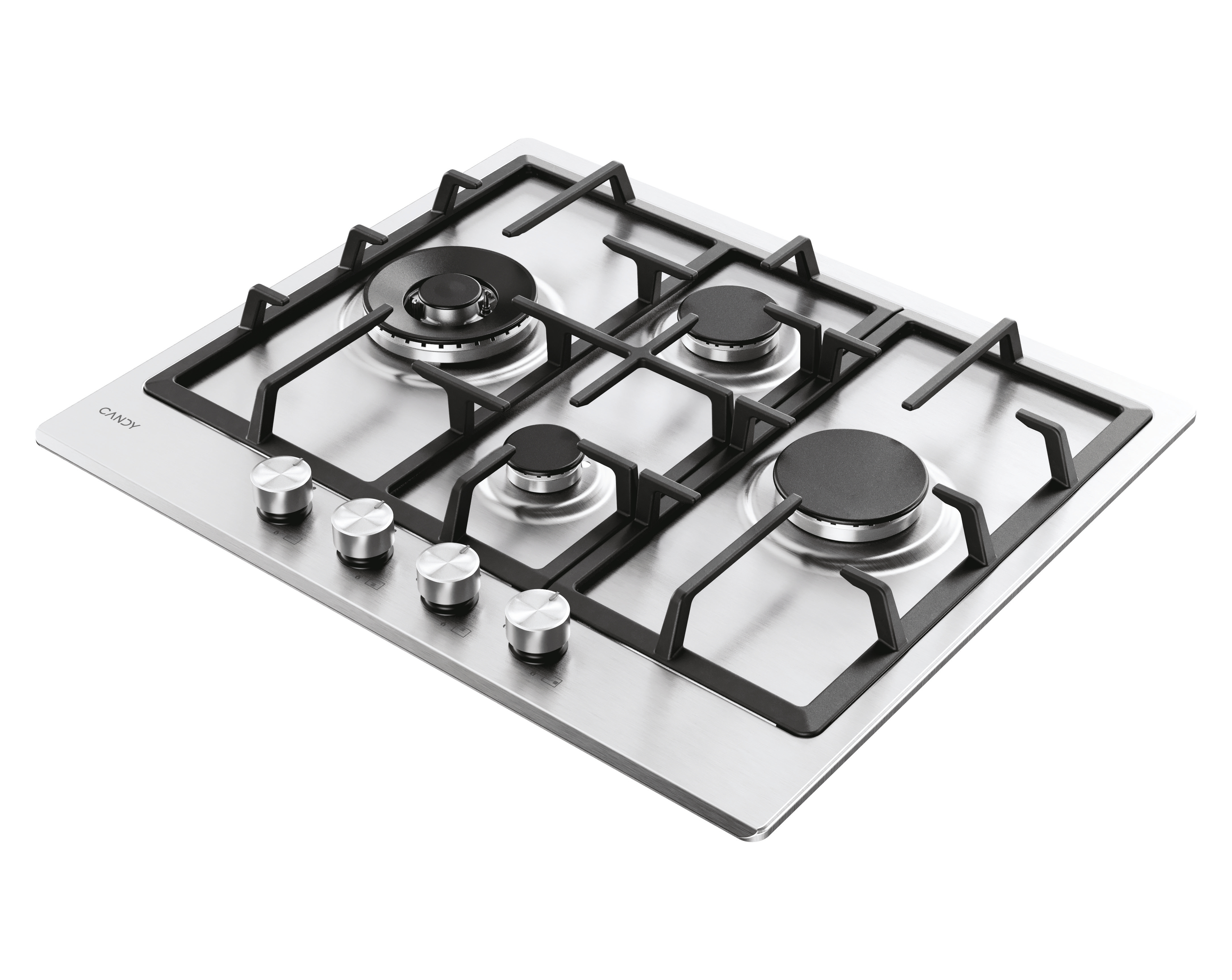 Srebrna płyta gazowa z czterema palnikami i logo Candy.