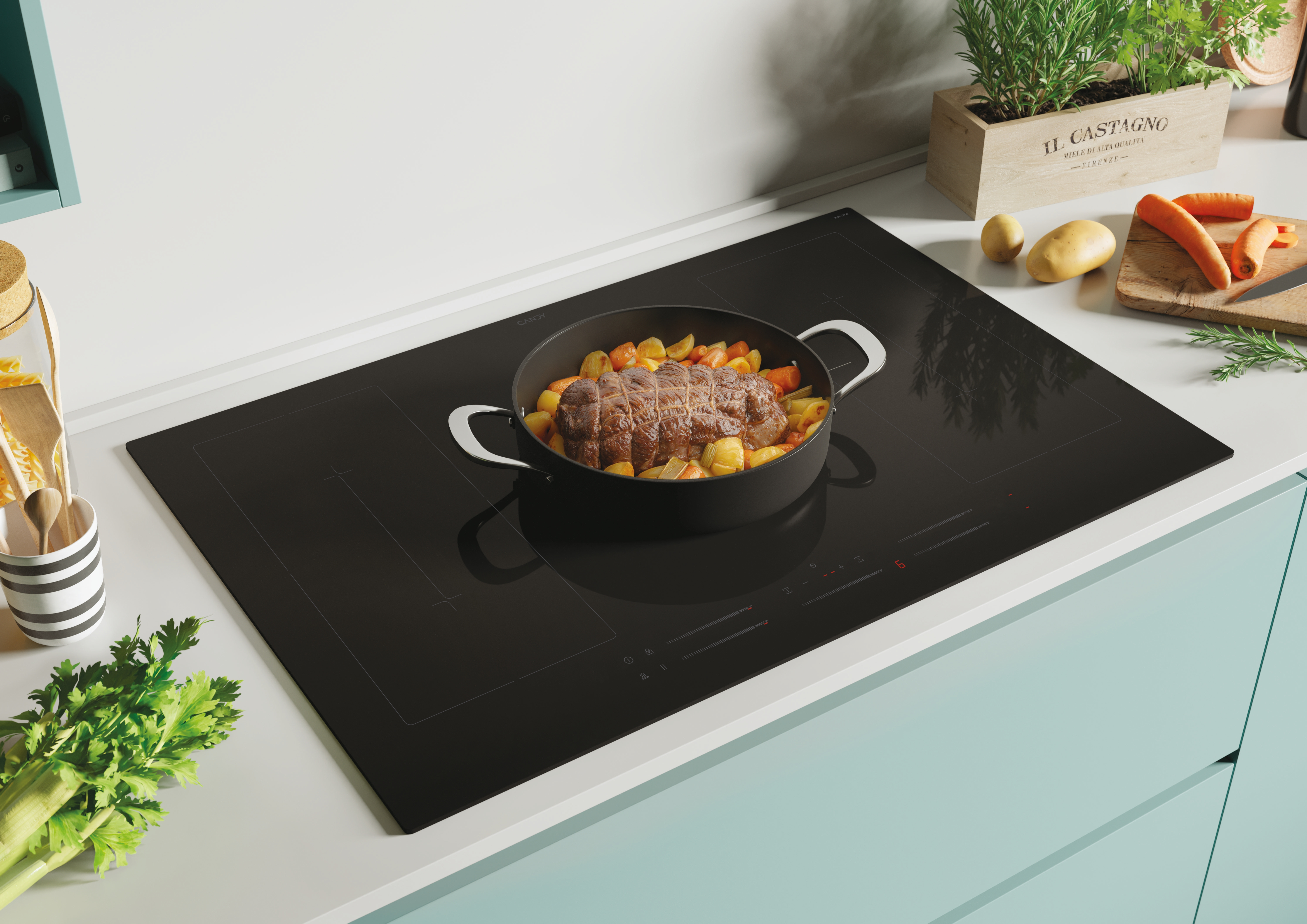 Czarna płyta indukcyjna z garnkiem jedzenia na jasnoniebieskim blacie.