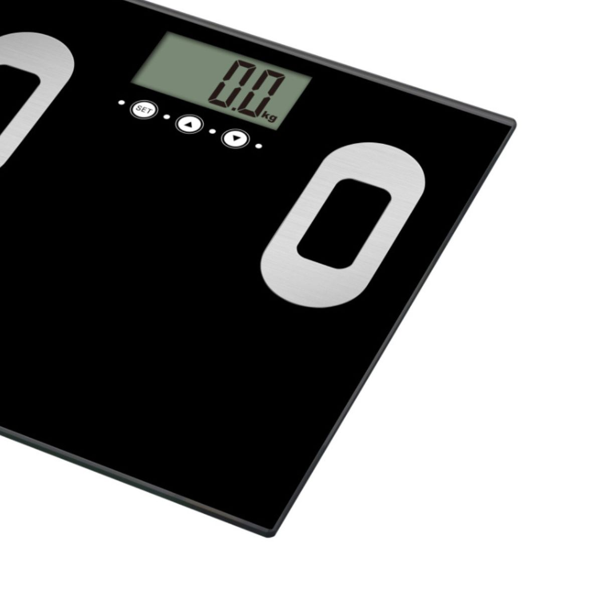 Báscula de baño digital negra mostrando '0.0 kg'.