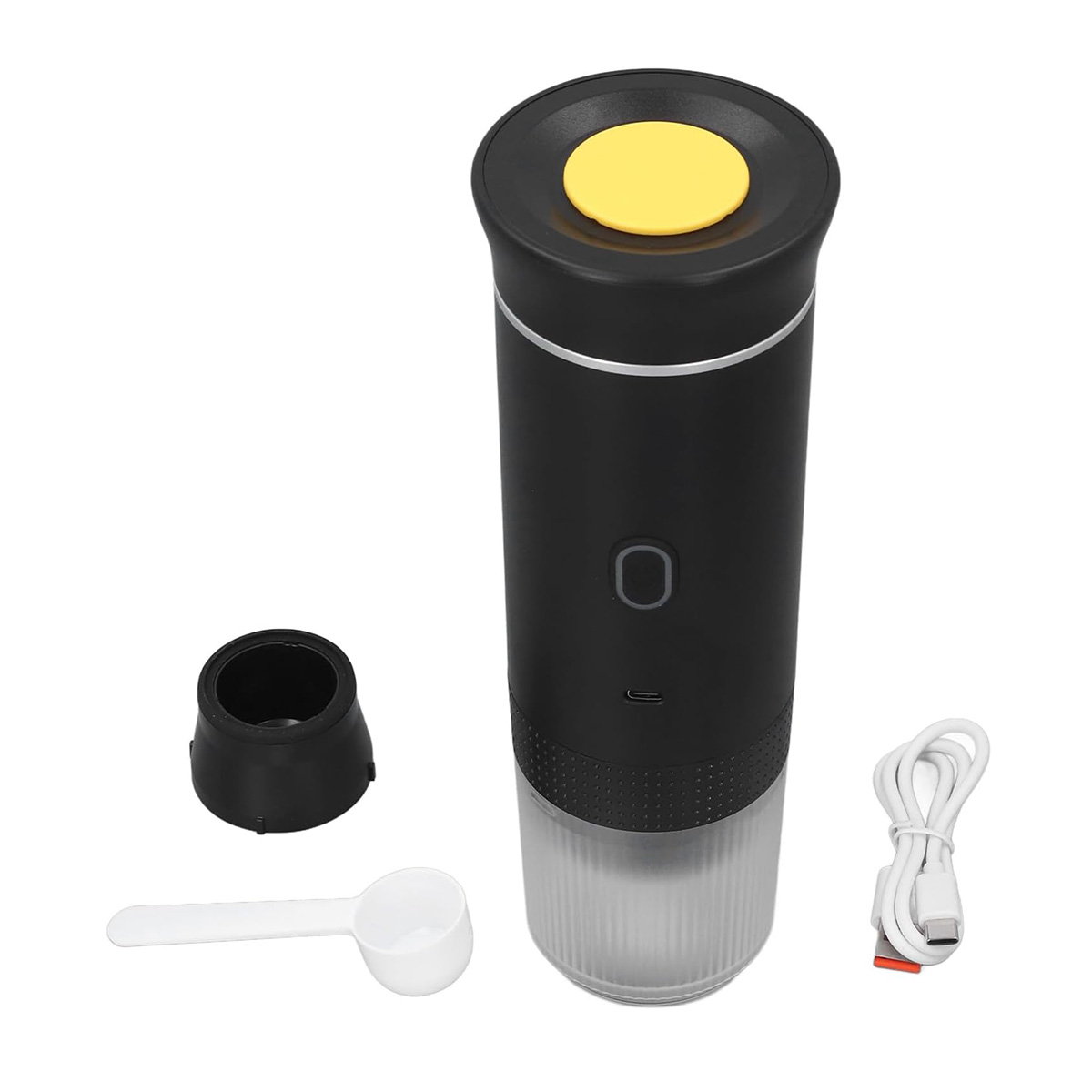 Molinillo de café negro con cuchara, cable USB y botón amarillo arriba.