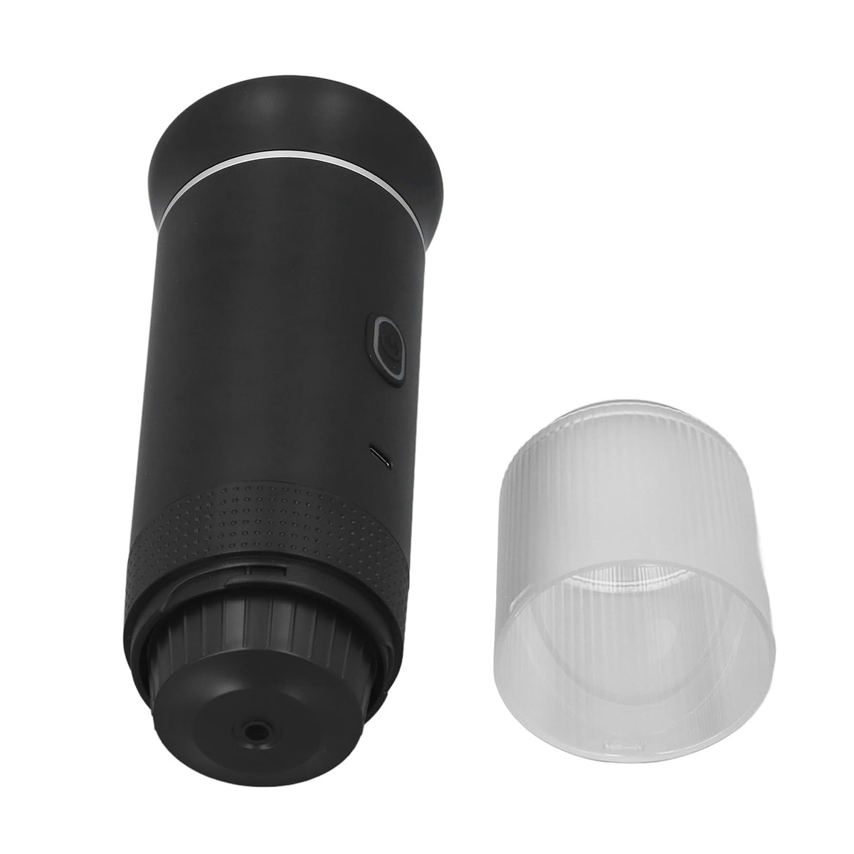 Molinillo de café negro con un recipiente de plástico transparente separado.