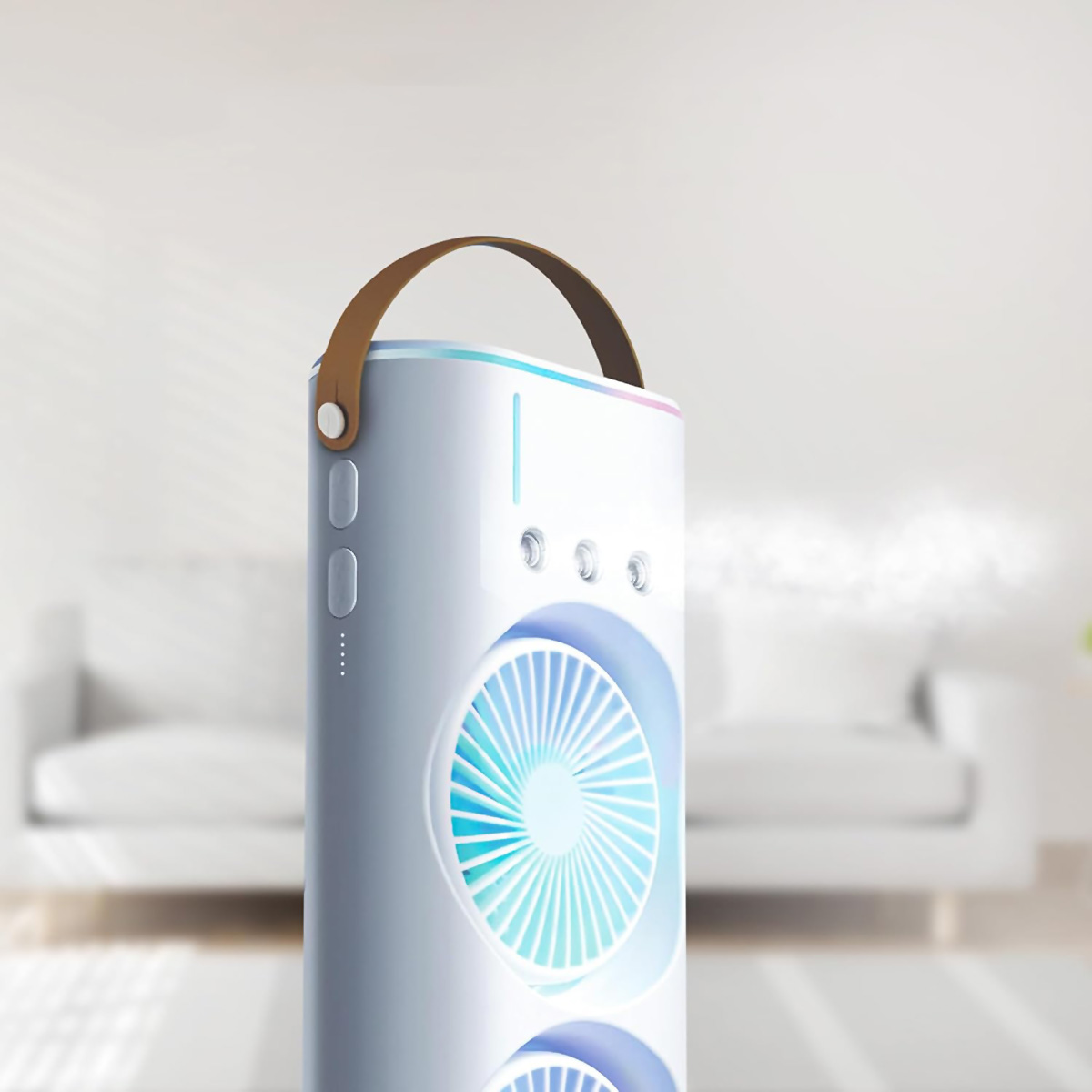 Un ventilador portátil blanco con asa marrón, luces azules y moradas, en un ambiente borroso.