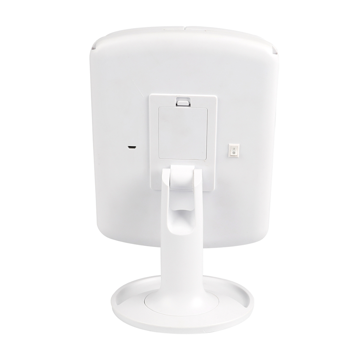 Espejo blanco, vista trasera con soporte e interruptor.