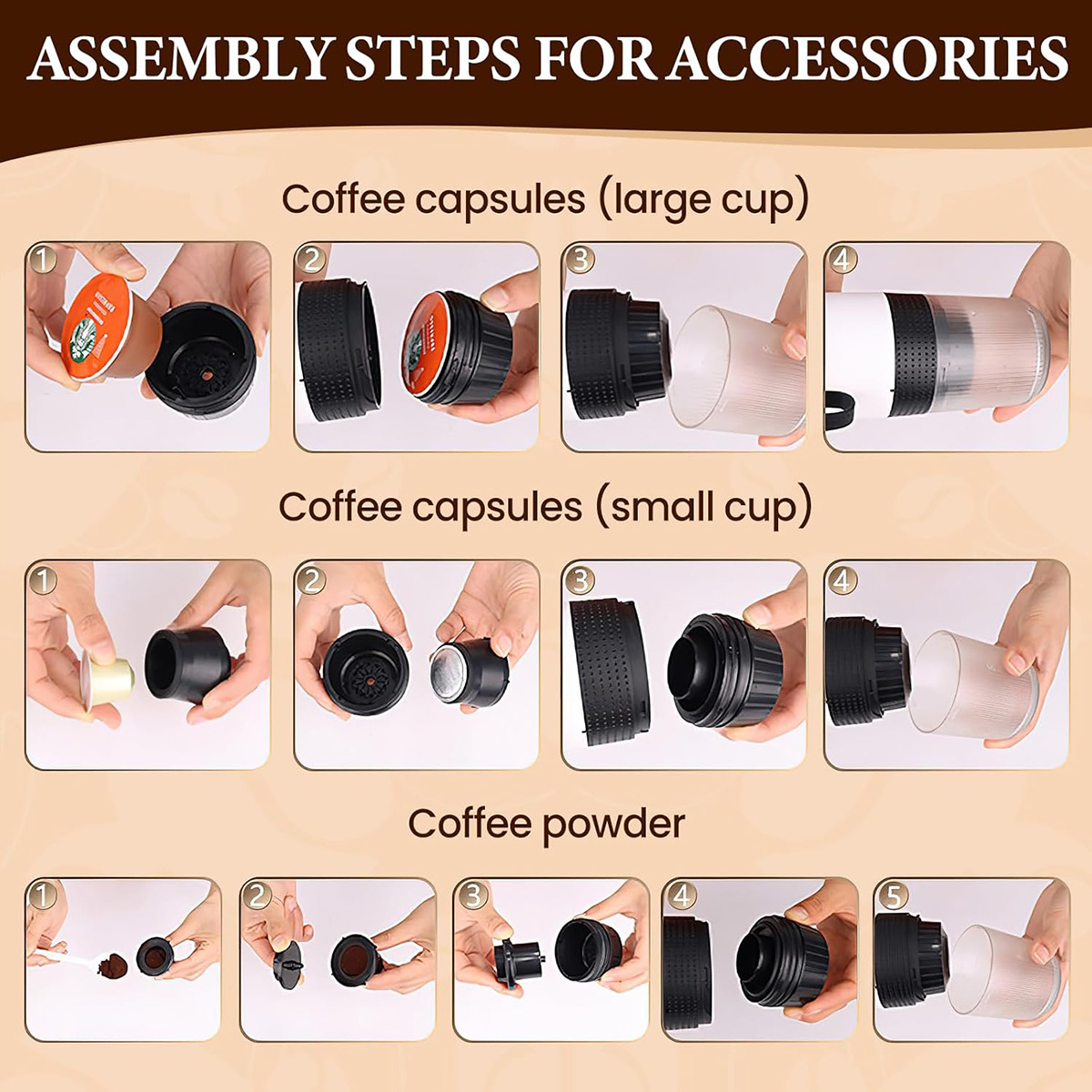 Pasos de montaje de accesorios de cafetera, que muestran cómo ensamblar cápsulas y componentes de polvo.