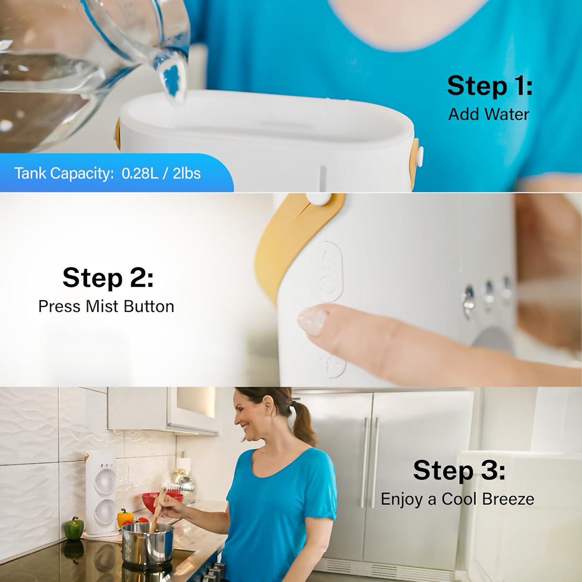 Tres pasos para usar un ventilador nebulizador: agregar agua, presionar el botón de niebla y disfrutar de la brisa fresca.
