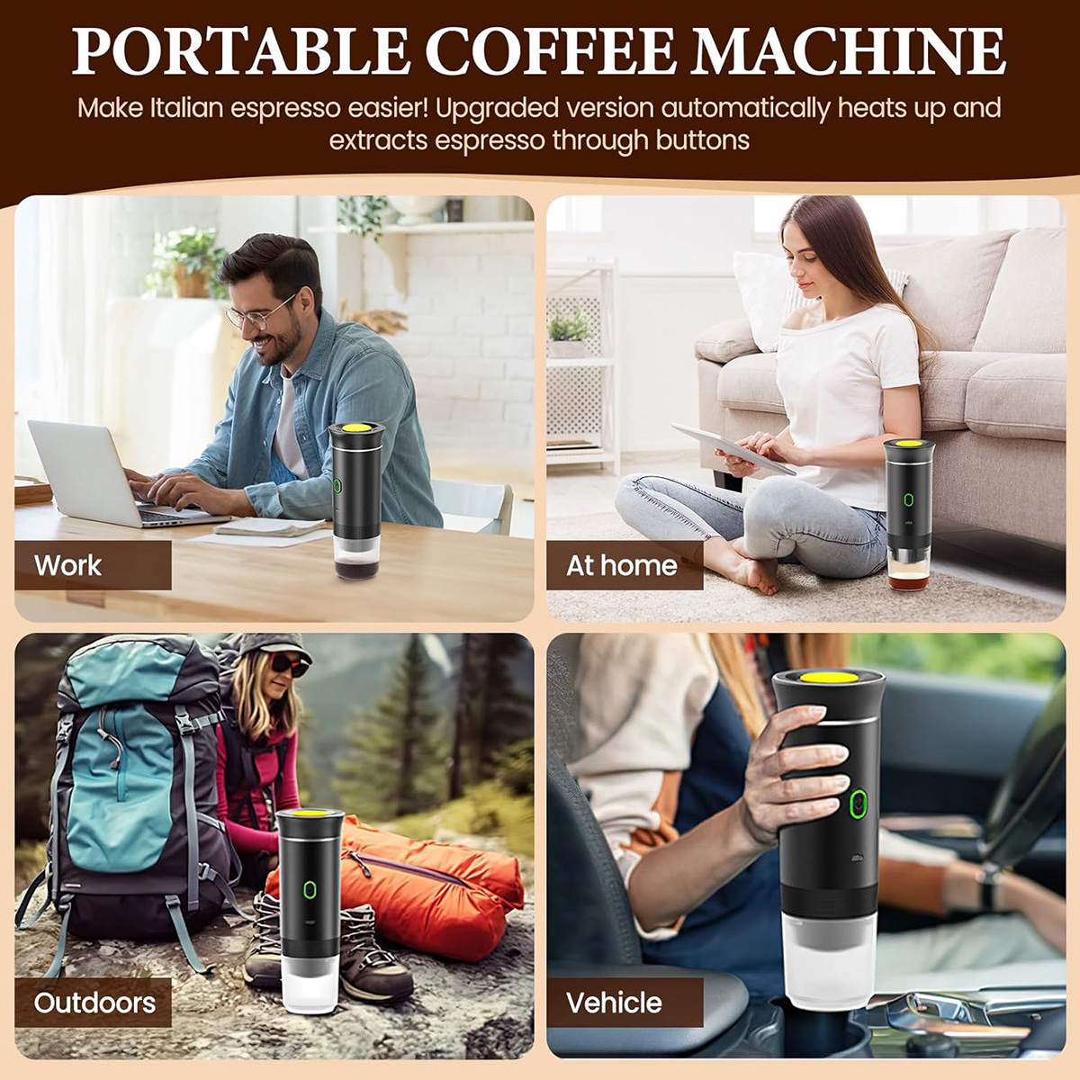 Escenas que muestran el uso de la cafetera portátil: en el trabajo, en casa, al aire libre y en el vehículo.