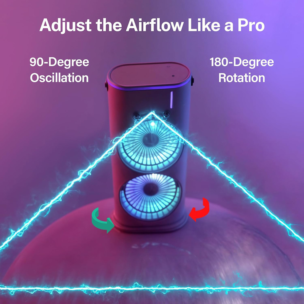 Un ventilador portátil con asa marrón y luces azules/moradas, mostrando las direcciones del flujo de aire, sobre fondo morado.