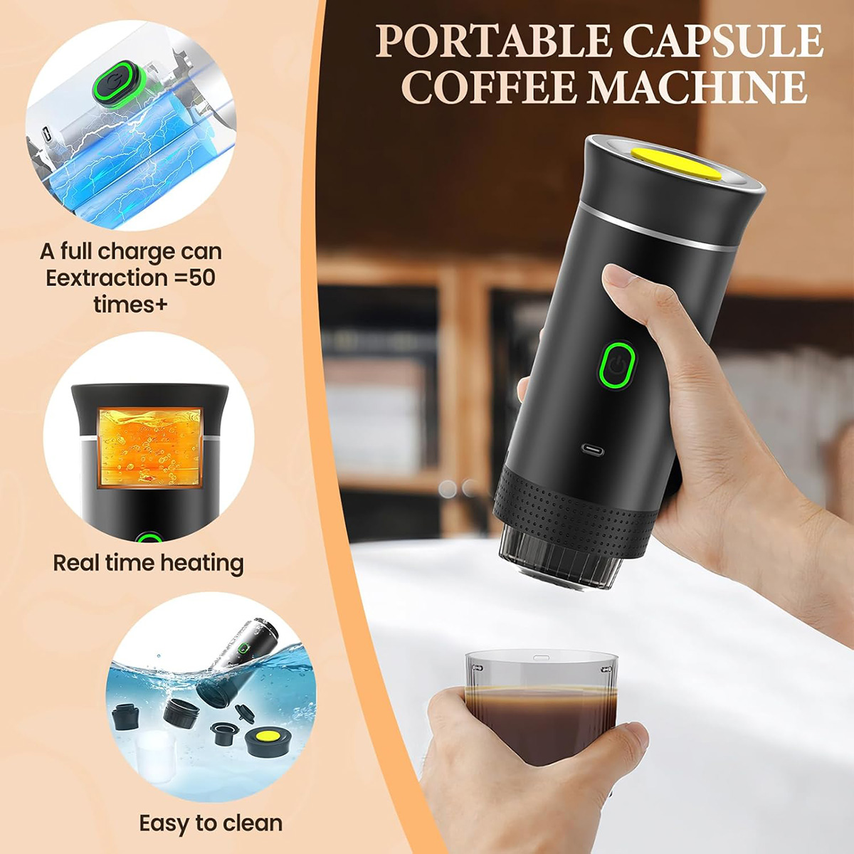 Cafetera portátil, con detalles de carga, calentamiento y limpieza.