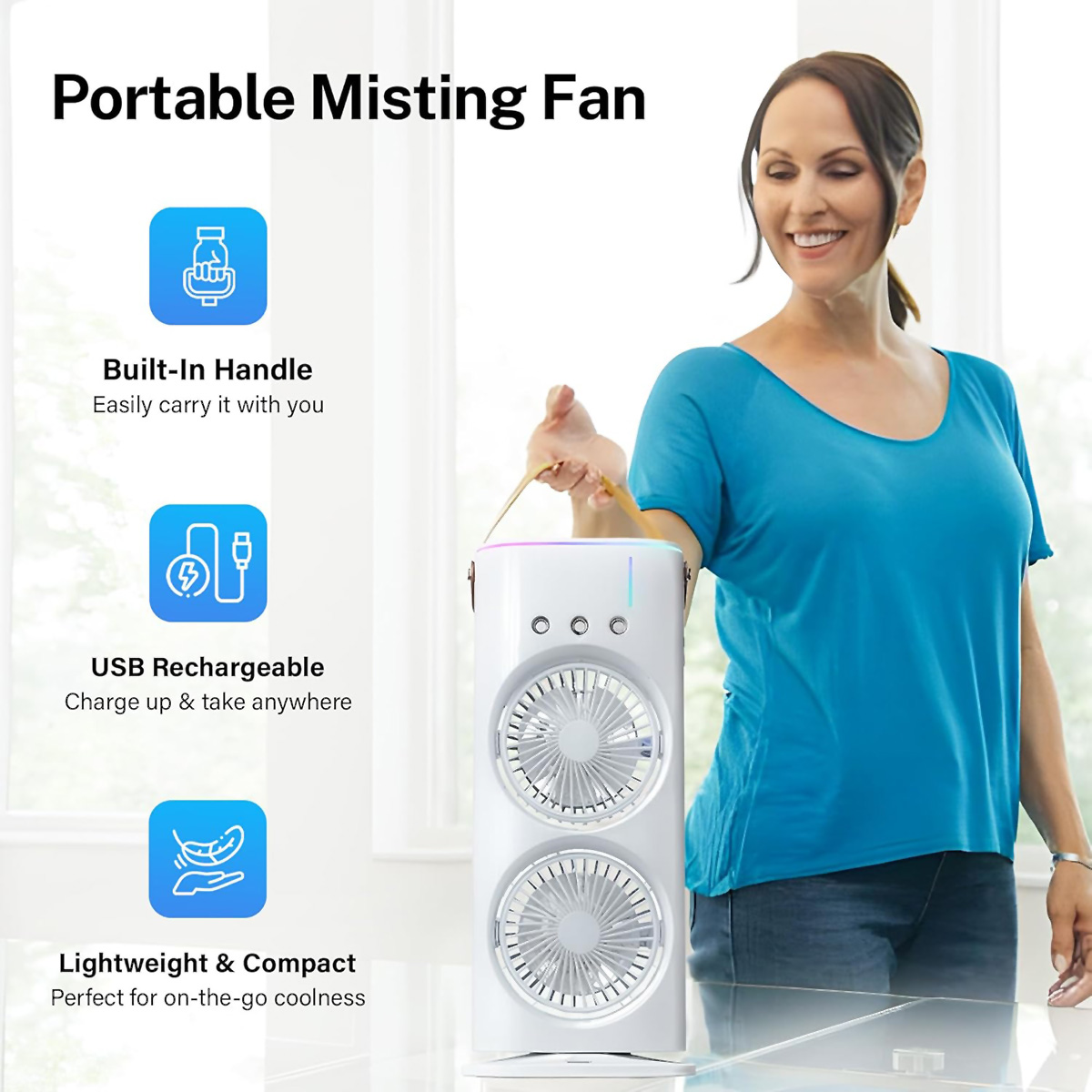 Una mujer sosteniendo un ventilador de nebulización portátil blanco con iconos de asa, carga USB y diseño ligero.