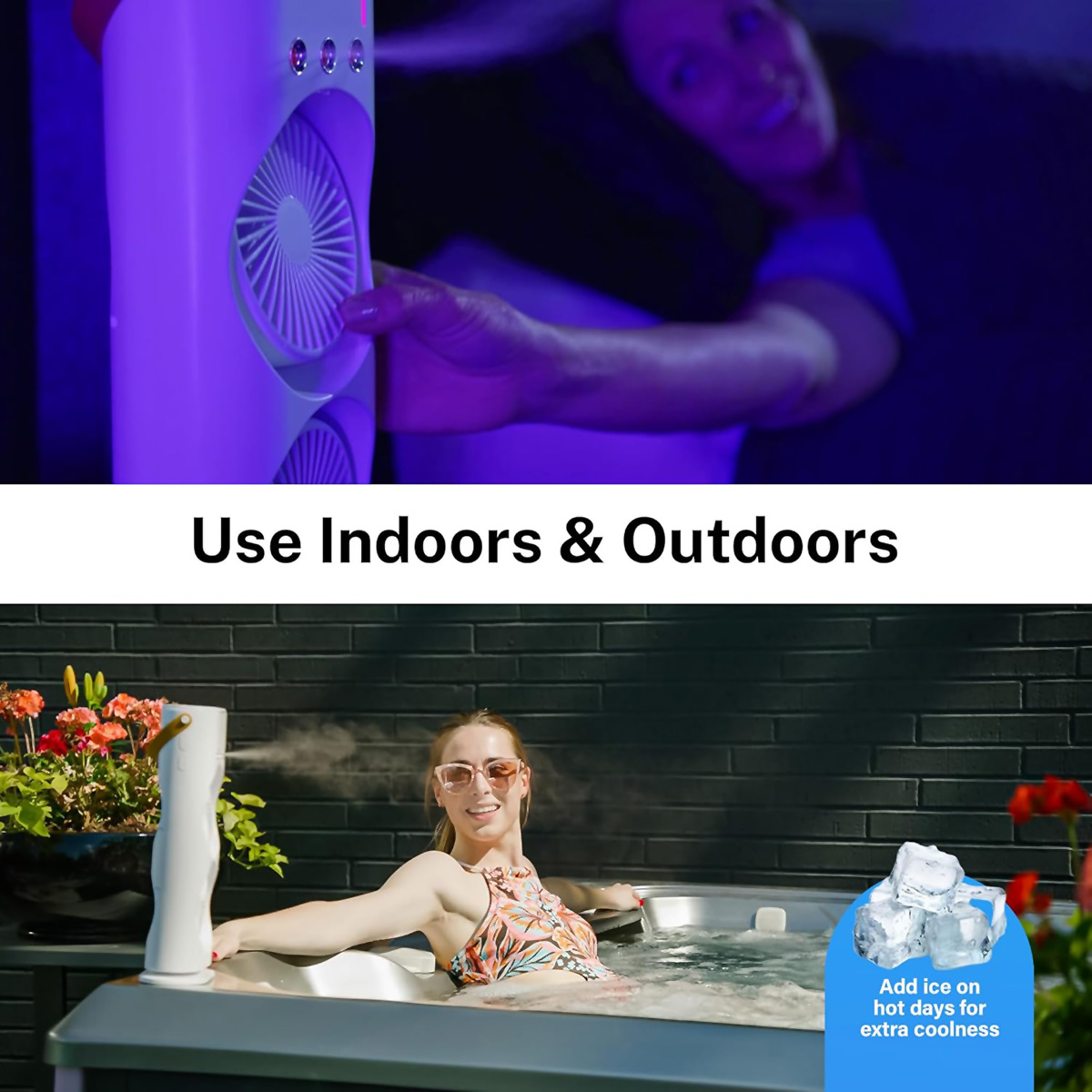 Una mujer en interiores y exteriores usando un ventilador de nebulización. Incluye texto "Usar en interiores y exteriores" y consejos de uso de hielo.
