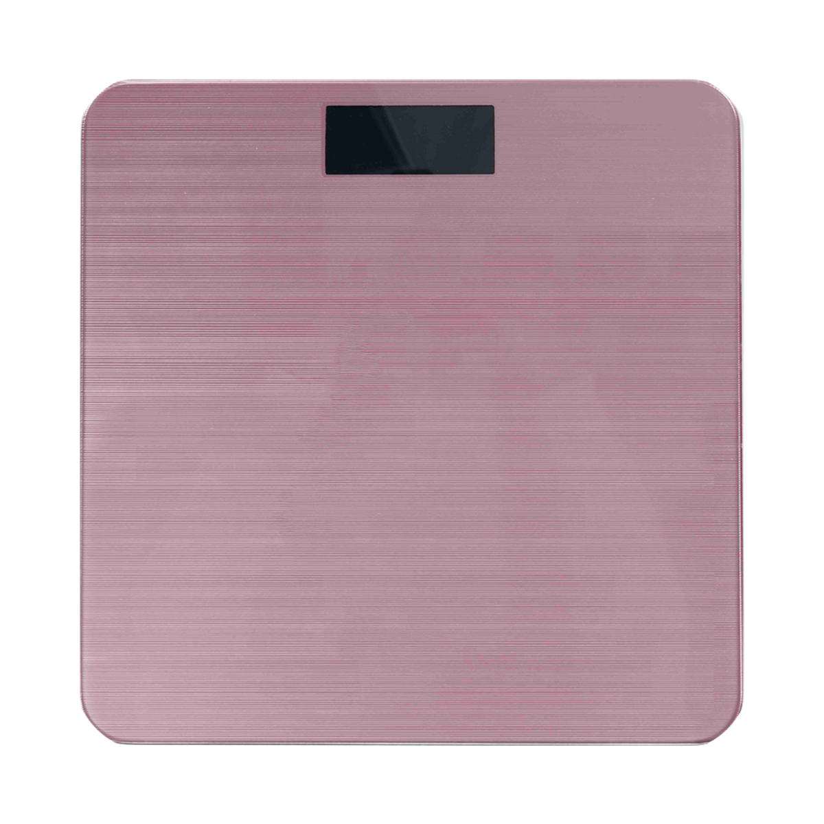 Báscula rosa con pantalla digital. Textura metálica. Fondo blanco.