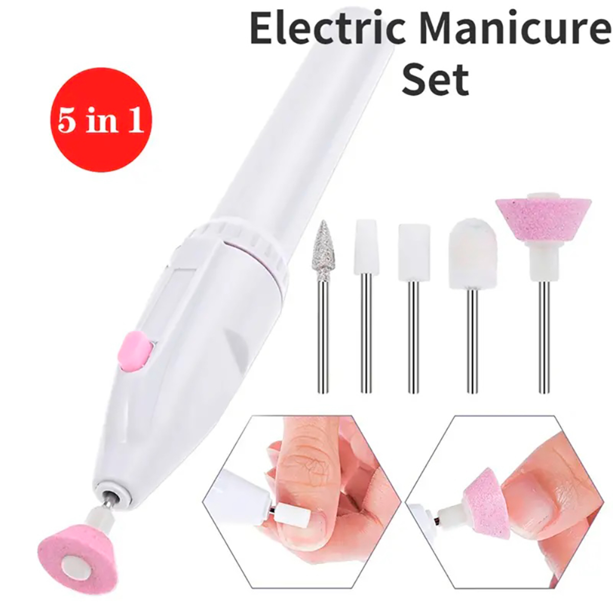 Set de manicura eléctrica con un dispositivo blanco en forma de bolígrafo y varios accesorios.