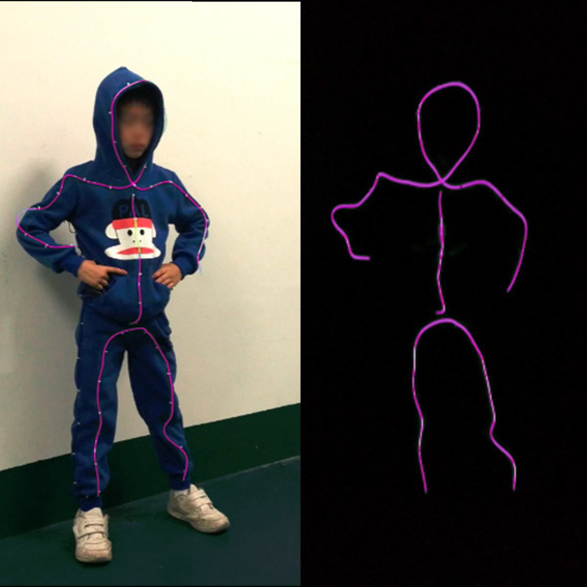 Un niño con un traje azul con líneas brillantes y una figura de palo con líneas brillantes.