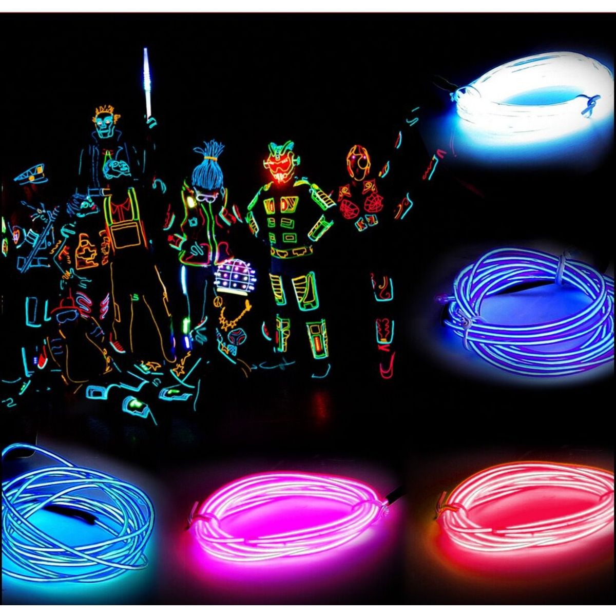 Grupo de personas con disfraces iluminados, con varias tiras y accesorios de luz de neón en un entorno oscuro.