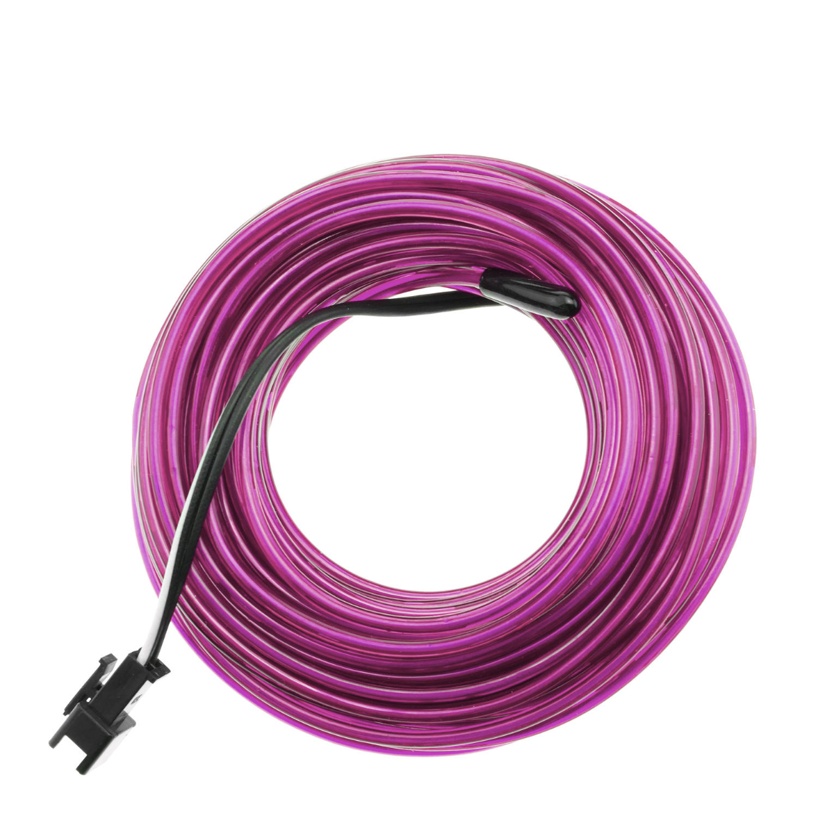 Cable de luz de neón rosa enrollado con un conector negro sobre un fondo blanco.