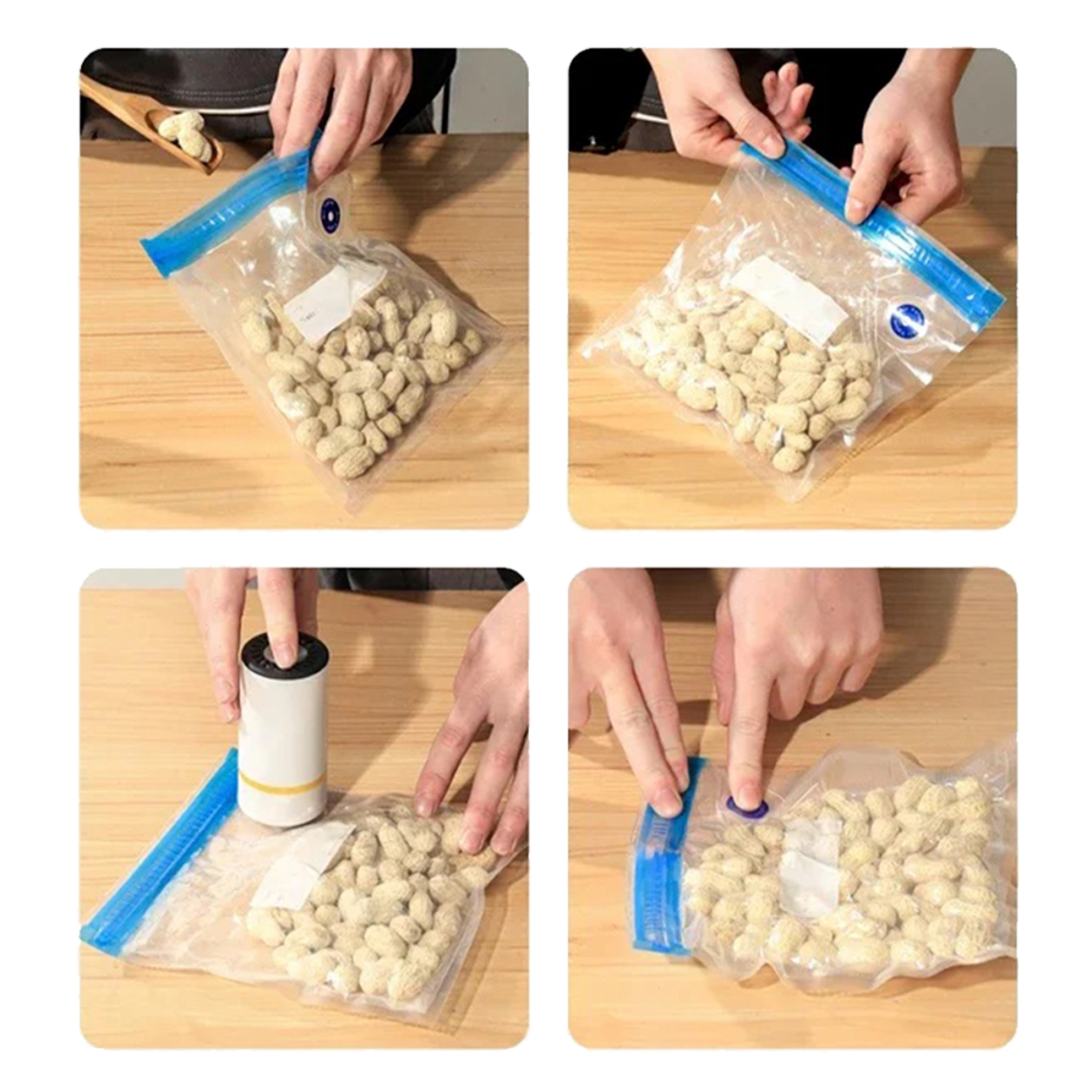 Cuatro imágenes muestran cacahuetes sellados en bolsas transparentes con un dispositivo de vacío portátil sobre una superficie de madera.
