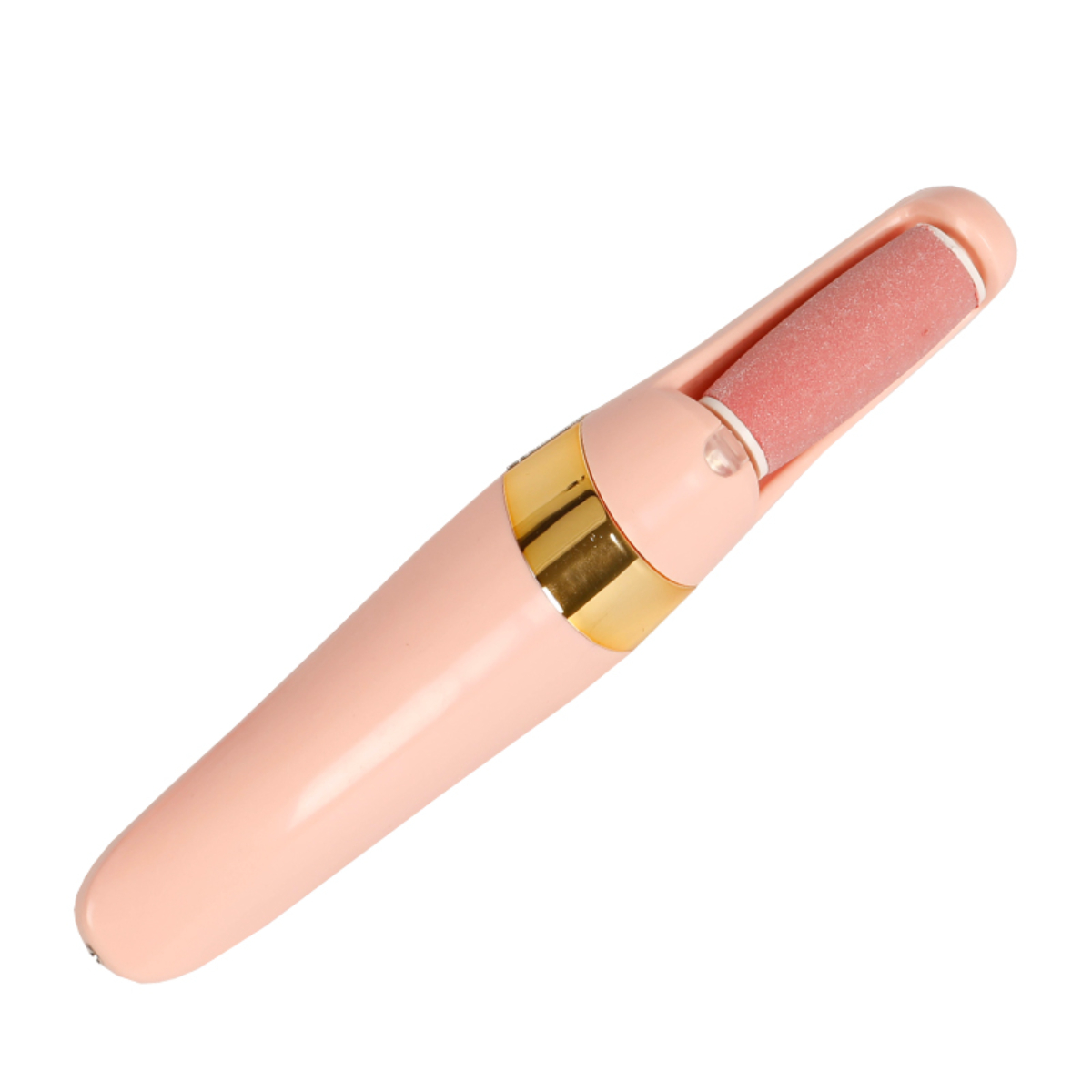 Dispositivo rosa para el cuidado de los pies con cabezal de rodillo rosa sobre un fondo blanco.