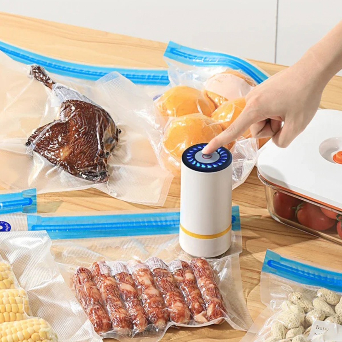 Varios alimentos en bolsas selladas se sellan al vacío con un dispositivo manual blanco sobre una mesa de madera.