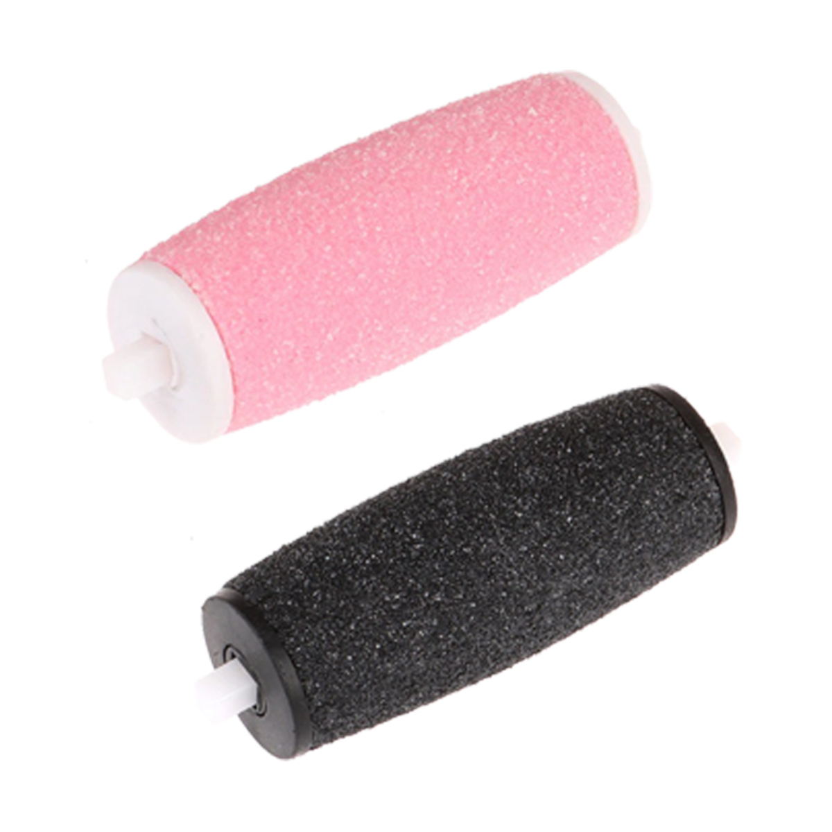Dos rodillos para limar pies, uno rosa y otro negro, sobre una superficie blanca.