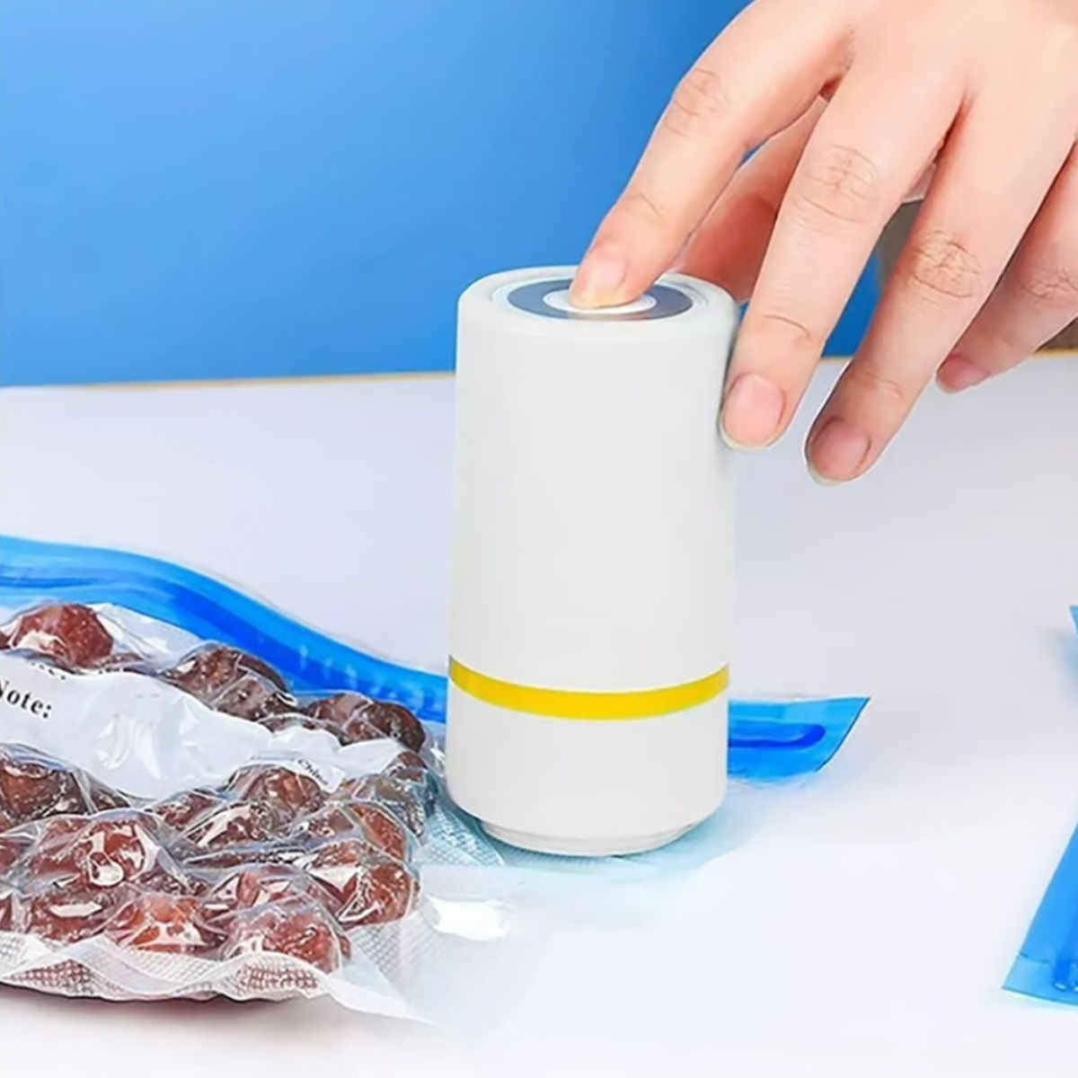 Una selladora al vacío blanca y amarilla sellando una bolsa de comida. Una mano está presionando el botón.