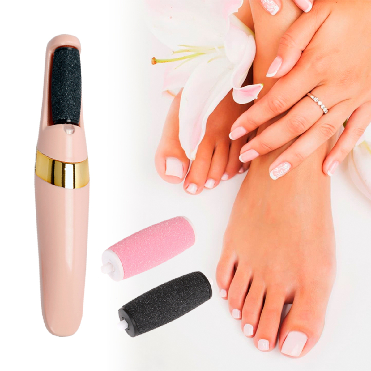 Dispositivo para el cuidado de los pies y cabezales de repuesto, con pie y uñas. Dispositivo rosa y dorado. Fondo blanco.
