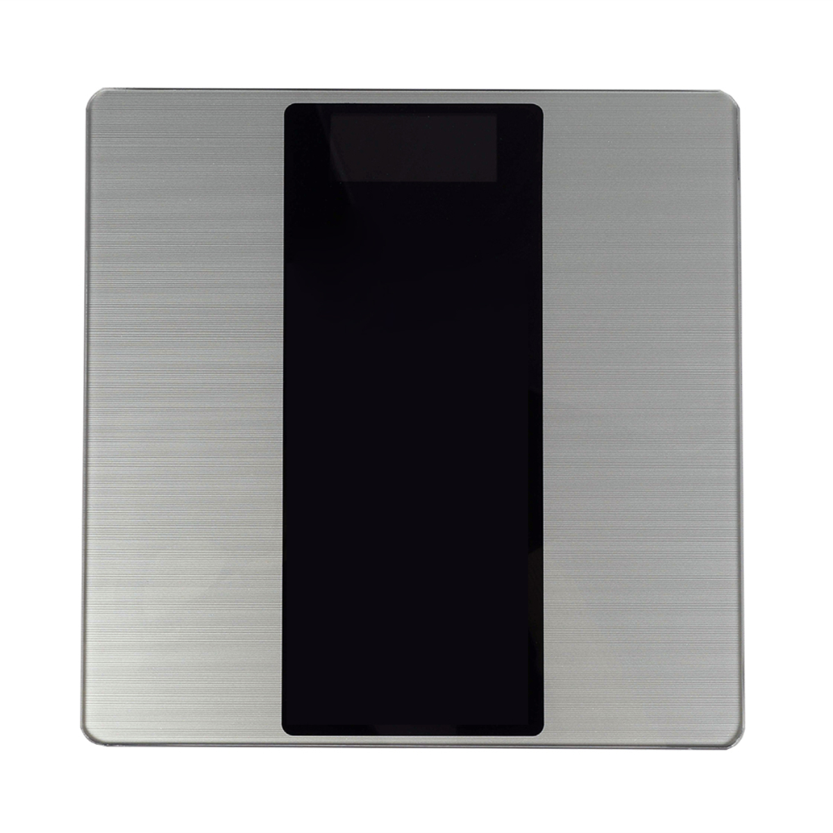 Báscula digital cuadrada con pantalla negra. Superficie plateada con aspecto de metal cepillado. Fondo blanco.