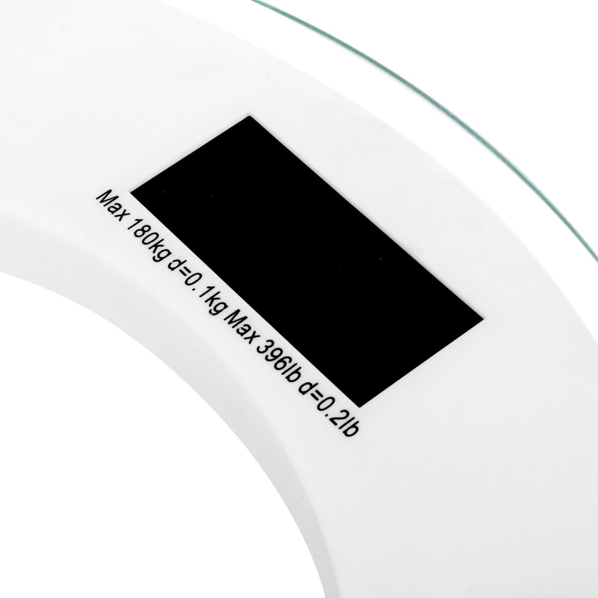Primer plano de la pantalla de una báscula digital. Texto: Max 180 kg, d=0,1 kg, Max 396 lb, d=0,2 lb. Fondo blanco.