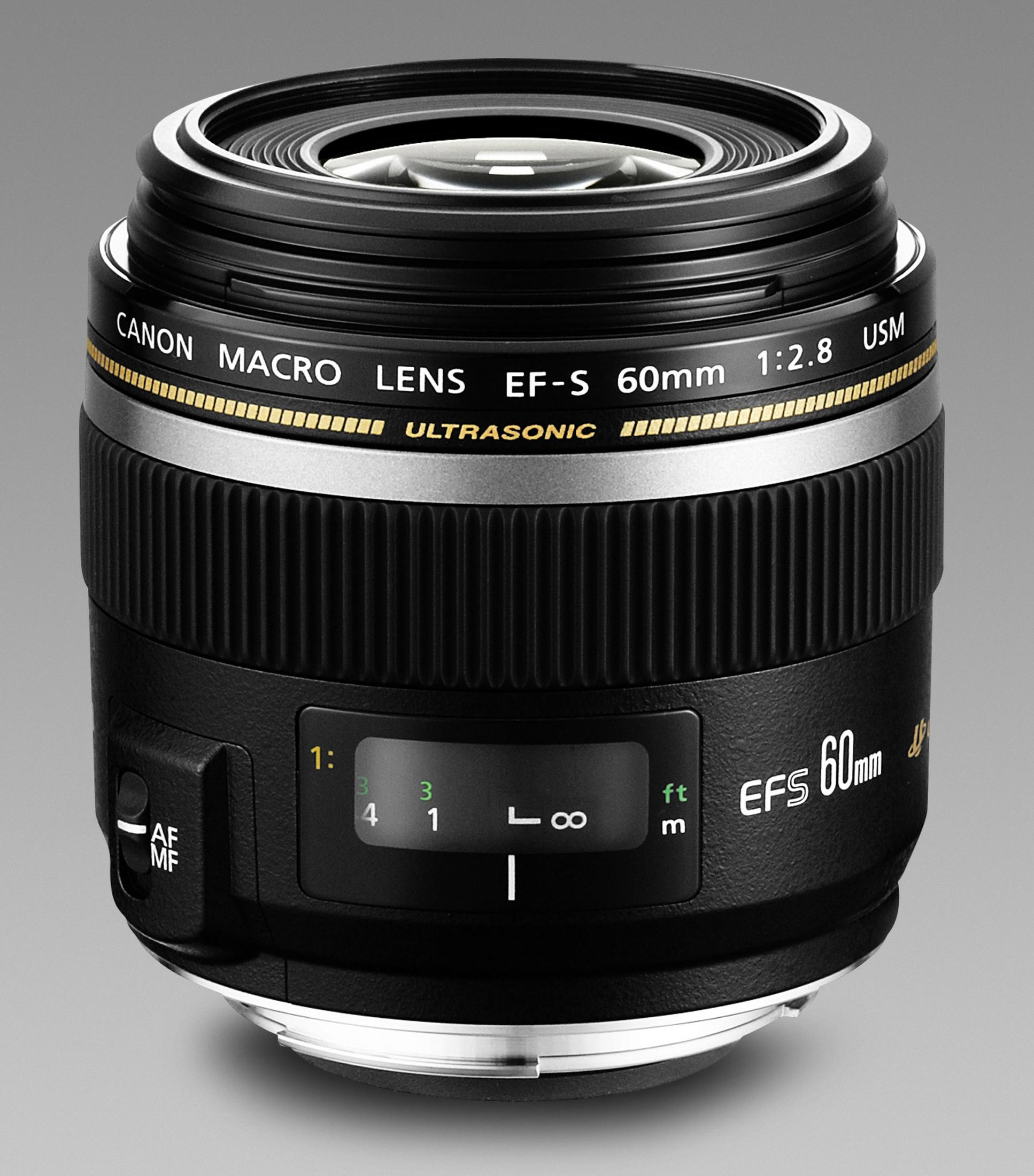 Canon EF-S 60mm Makroobjektiv. Schwarz und Gold, vor grauem Farbverlaufshintergrund.