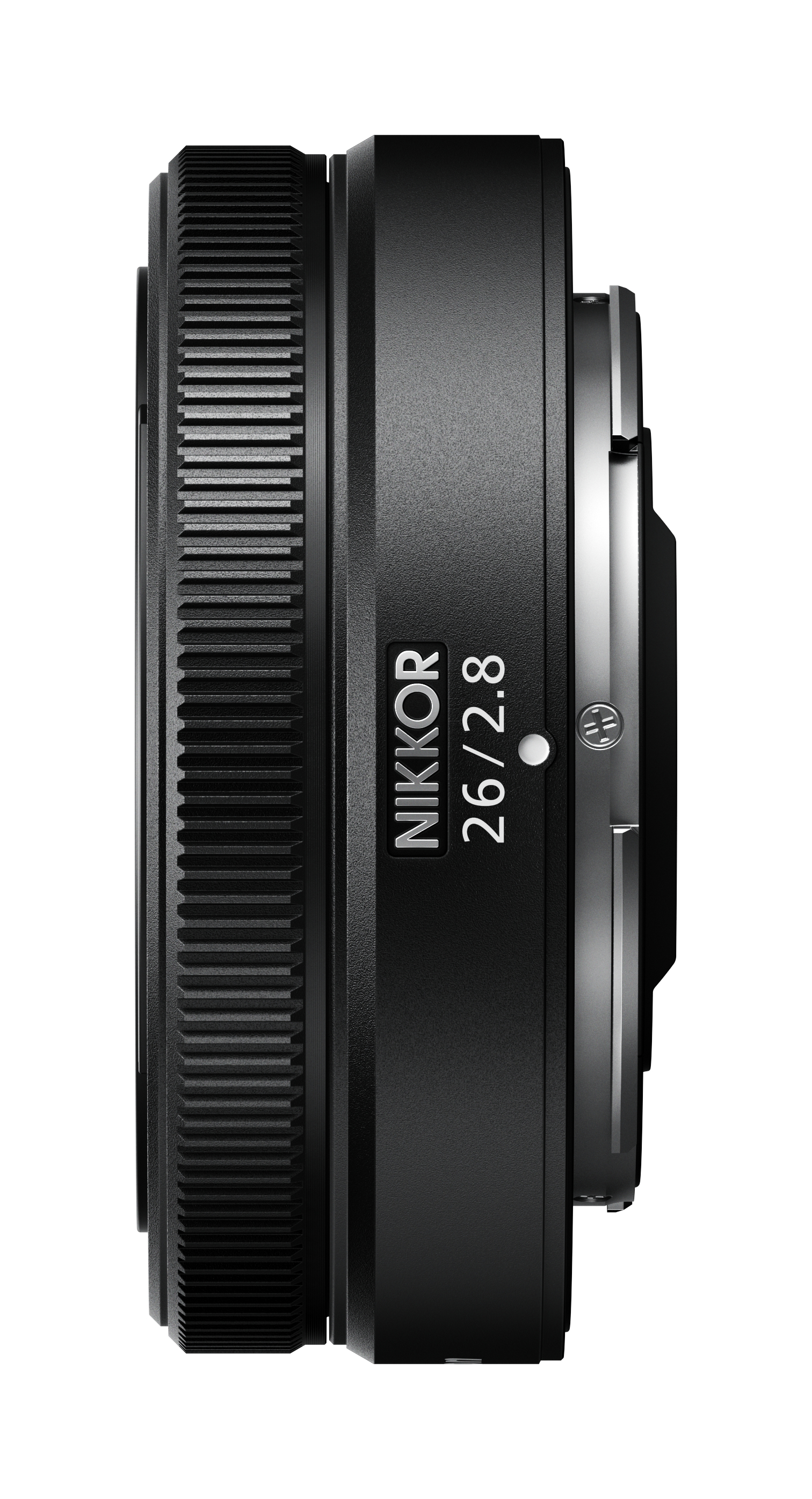 Czarny obiektyw aparatu. Widok z boku. Białe tło.