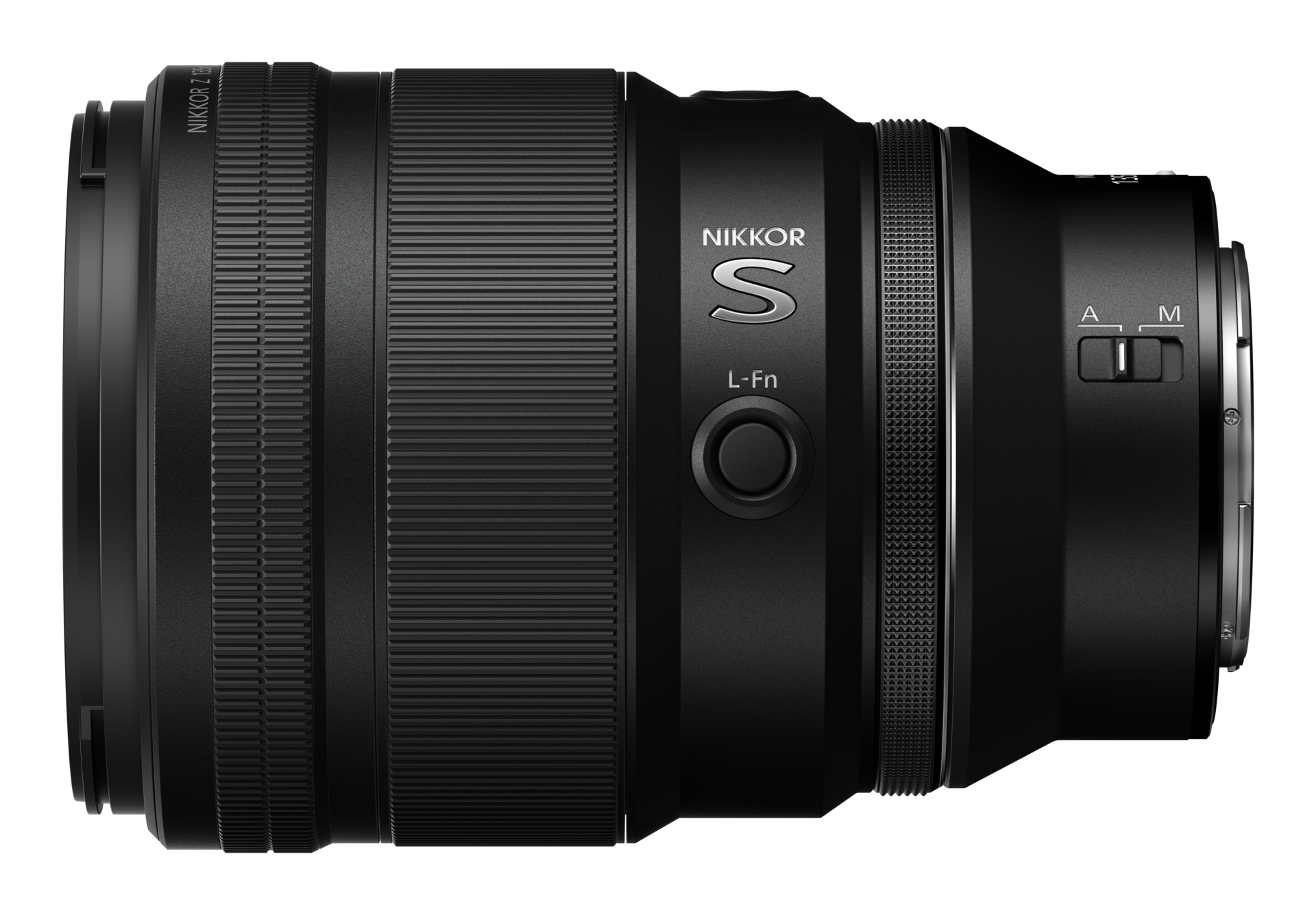 Nikon-Objektiv mit schwarzem Gehäuse, goldenem Ring und Markierungen. Nahaufnahme.
