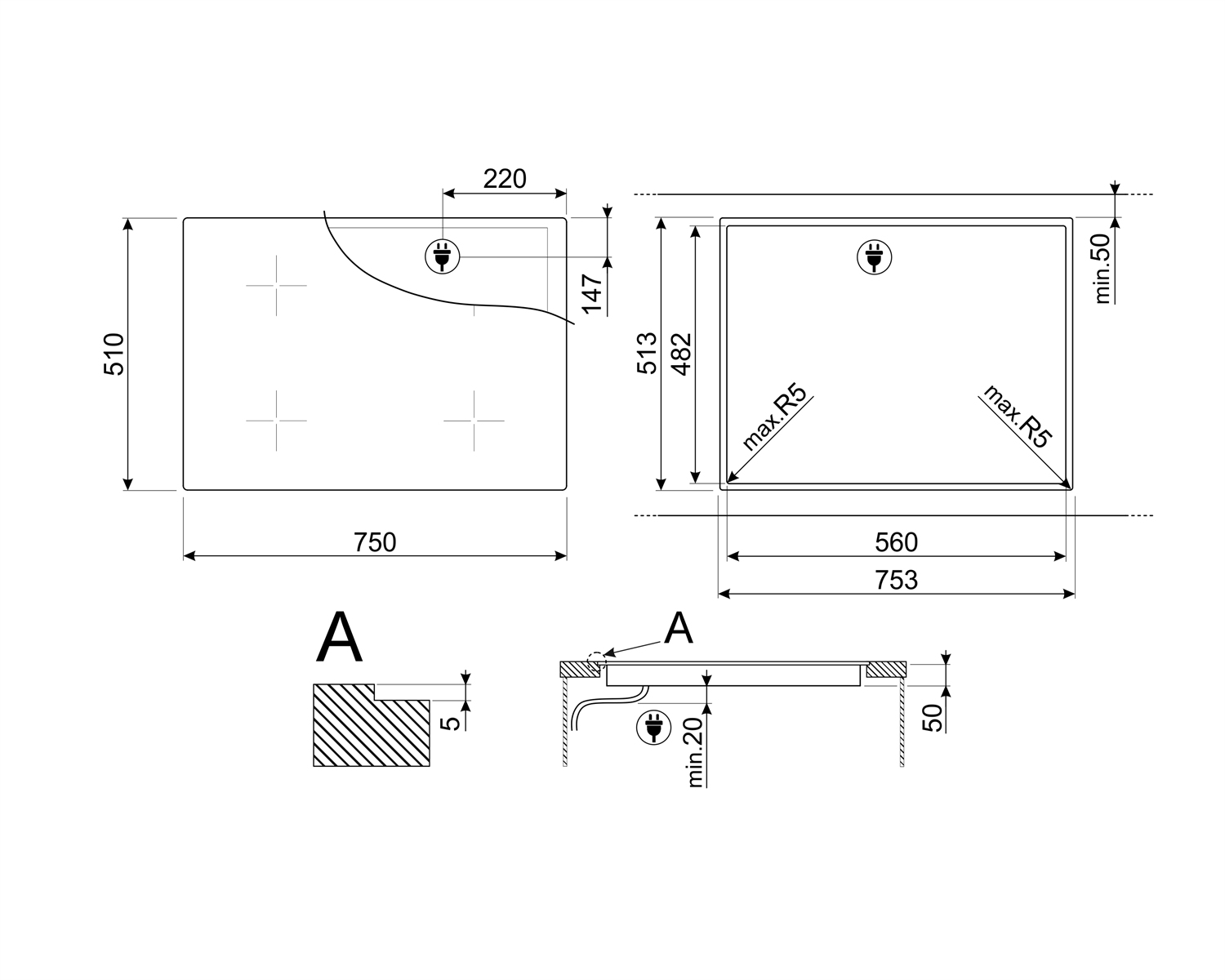Dibujo técnico de una encimera que muestra dimensiones y detalles de corte con fondo punteado.