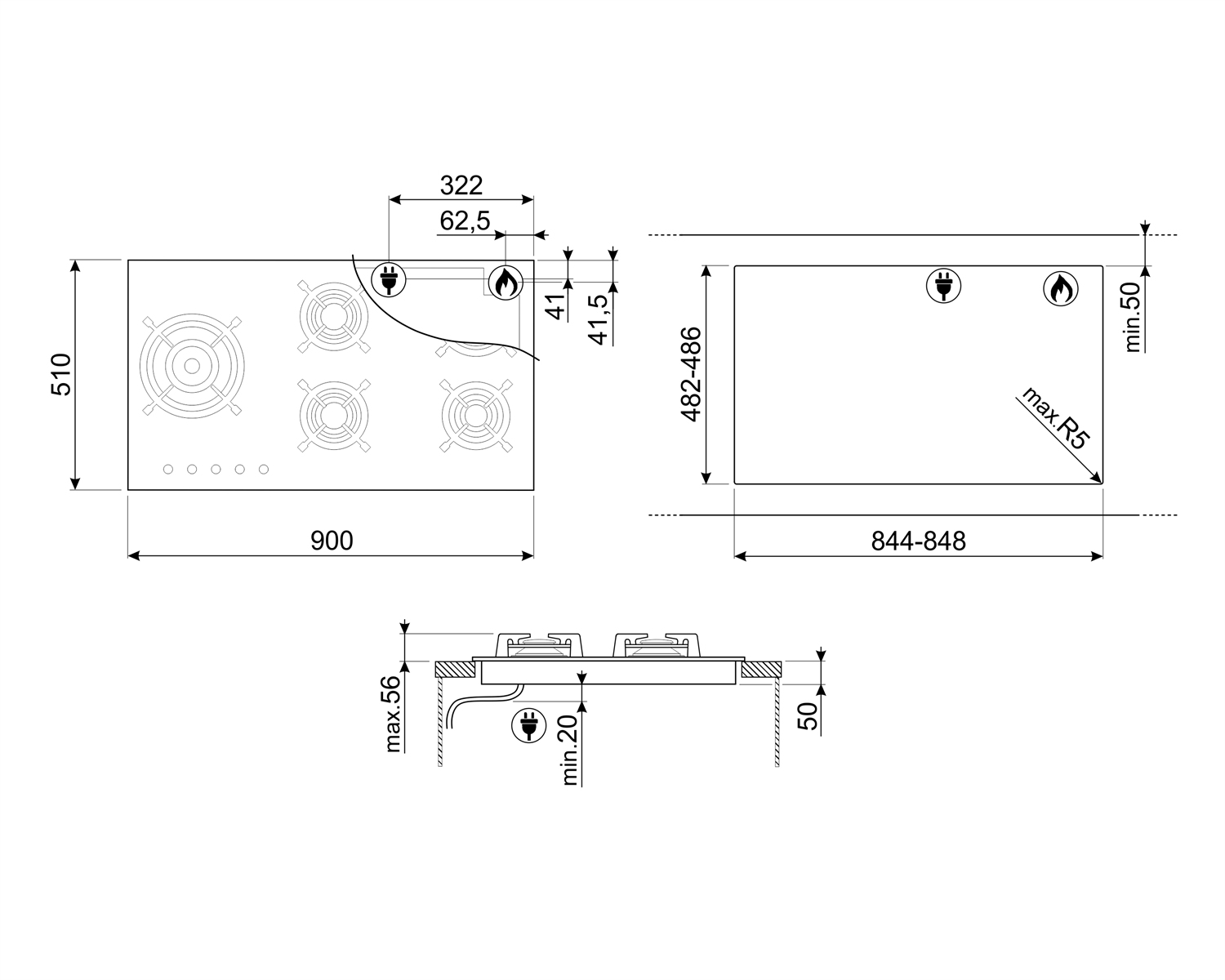 Diagramma di un piano cottura con misure. Include quattro bruciatori con dimensioni e simboli di gas ed elettricità.