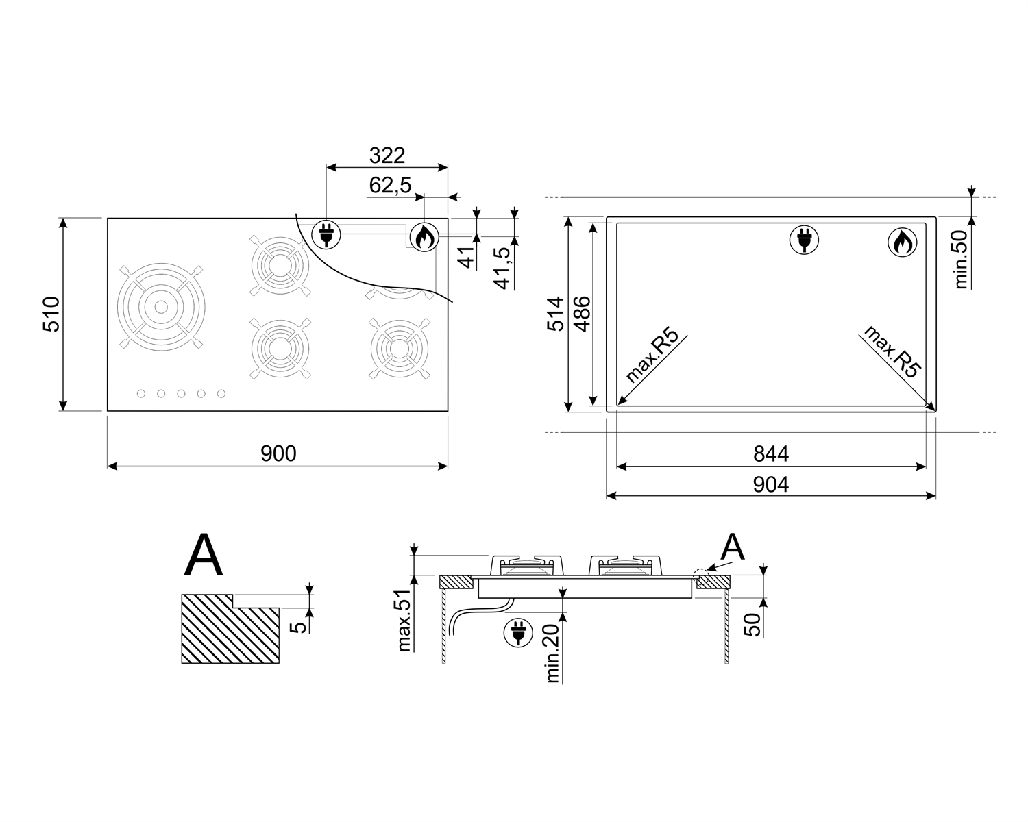 Disegno tecnico di un piano cottura con bruciatori, dimensioni e specifiche di ritaglio.