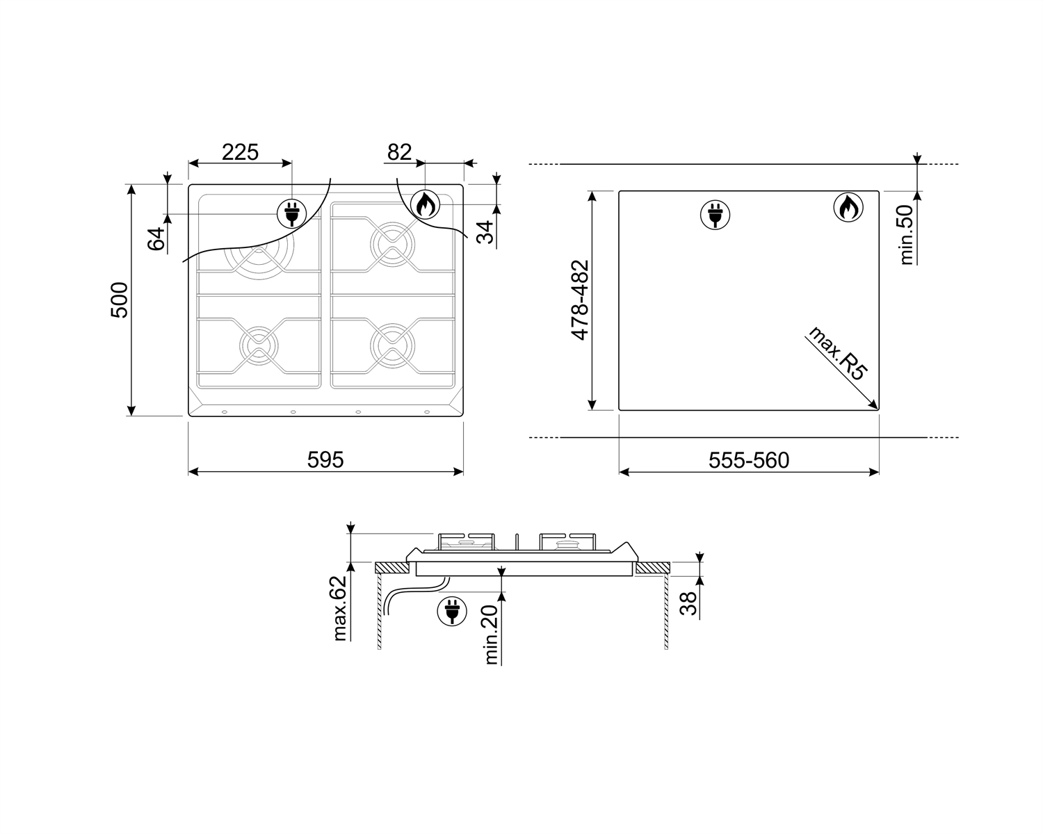 Schemat płyty gazowej z wymiarami w mm. Zawiera widoki z góry i z boku.
